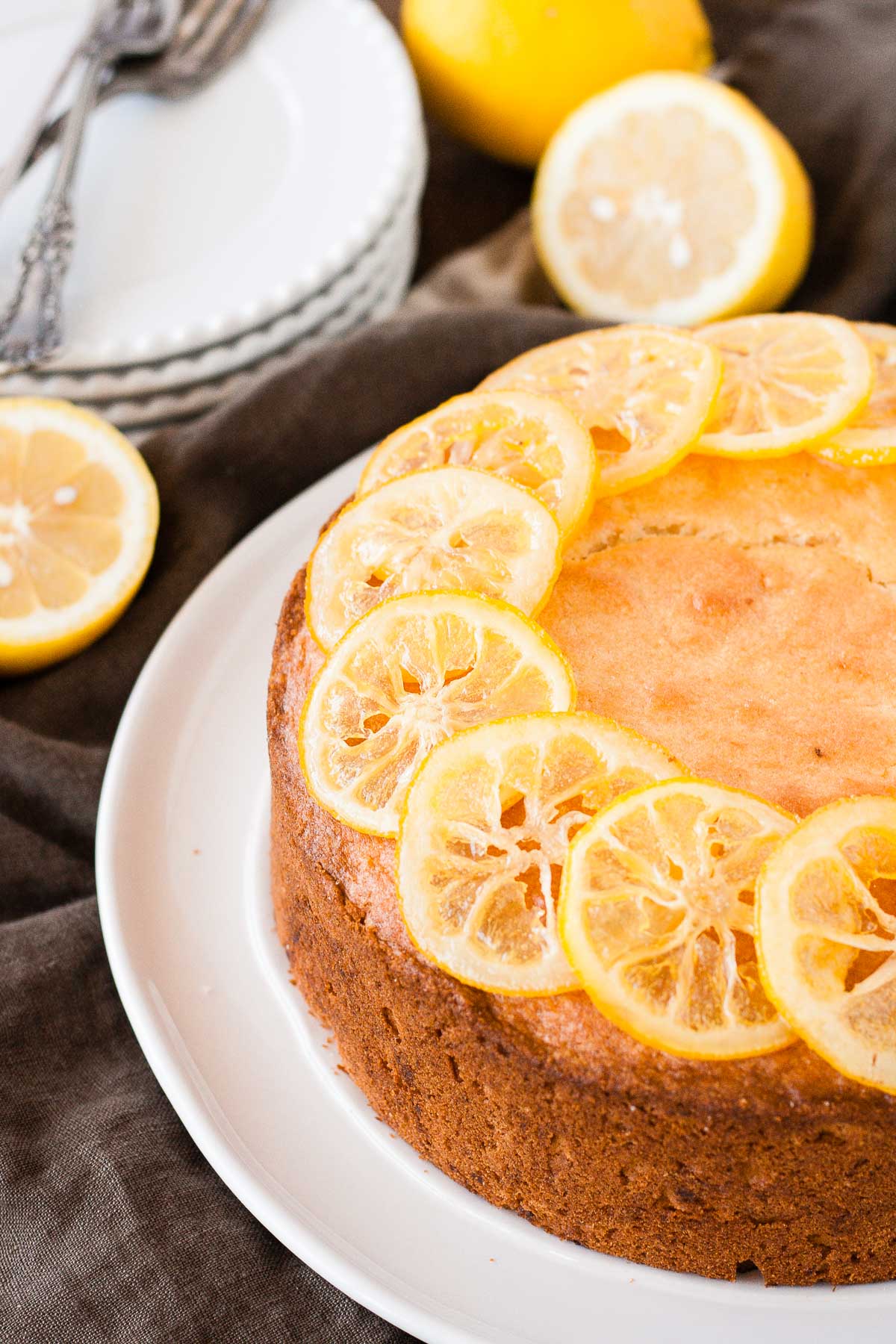 Angled close up of the candied lemon slices.