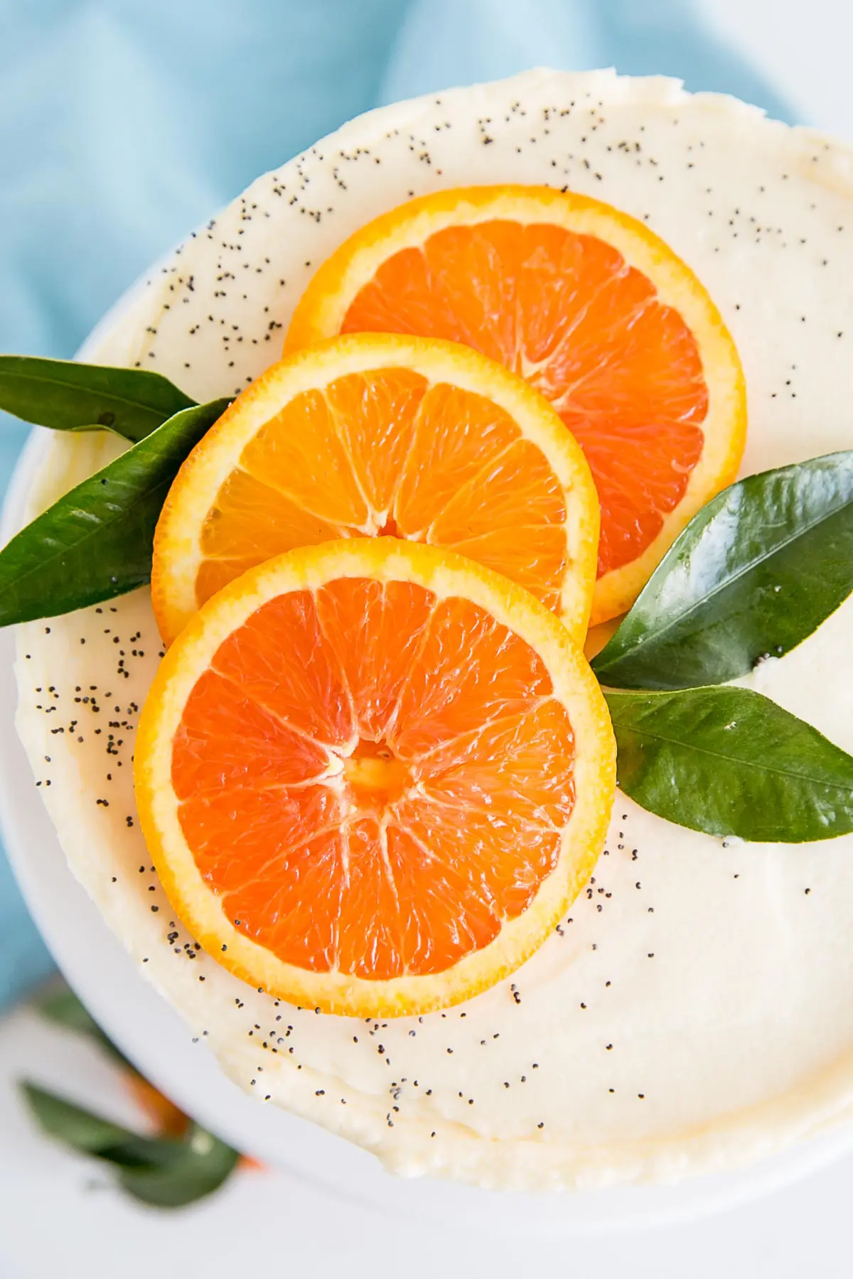 Overhead picture of oranges on top of the cake.