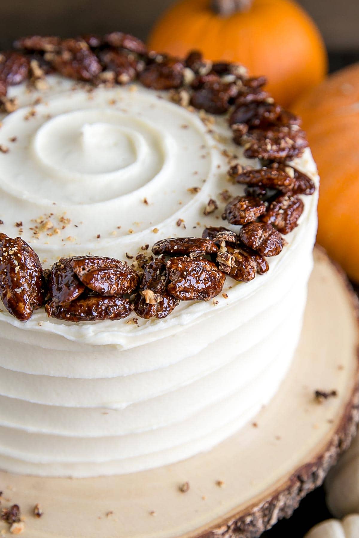 Close up of the pecans on top of the cake.