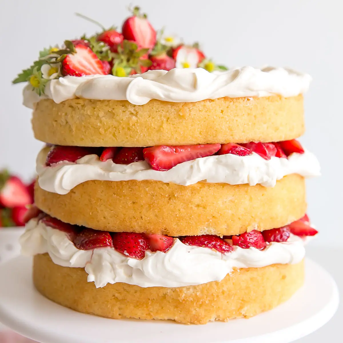 Close up of a naked cake with fresh berries and mascarpone cream.