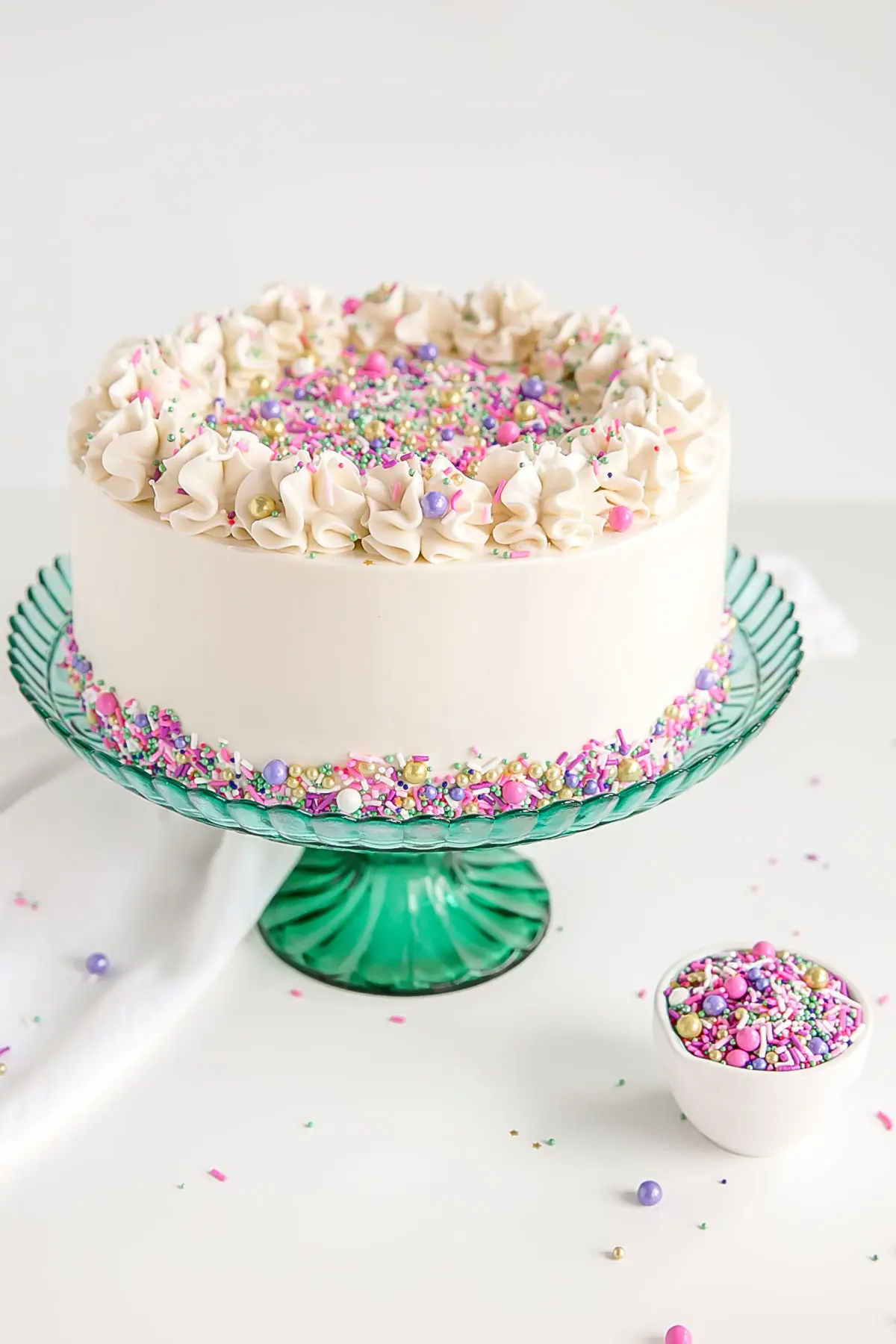 Classic white cake with white swiss meringue buttercream.