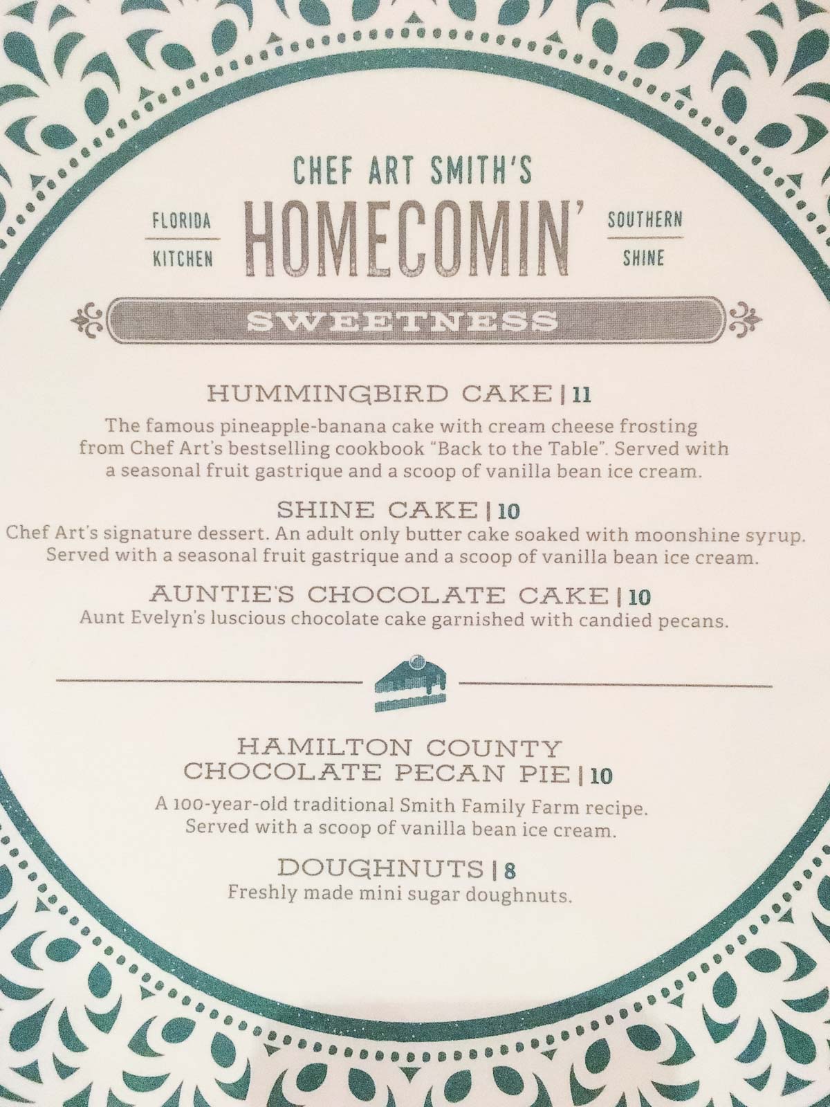 Picture of the dessert menu at Art Smith's Homecomin'