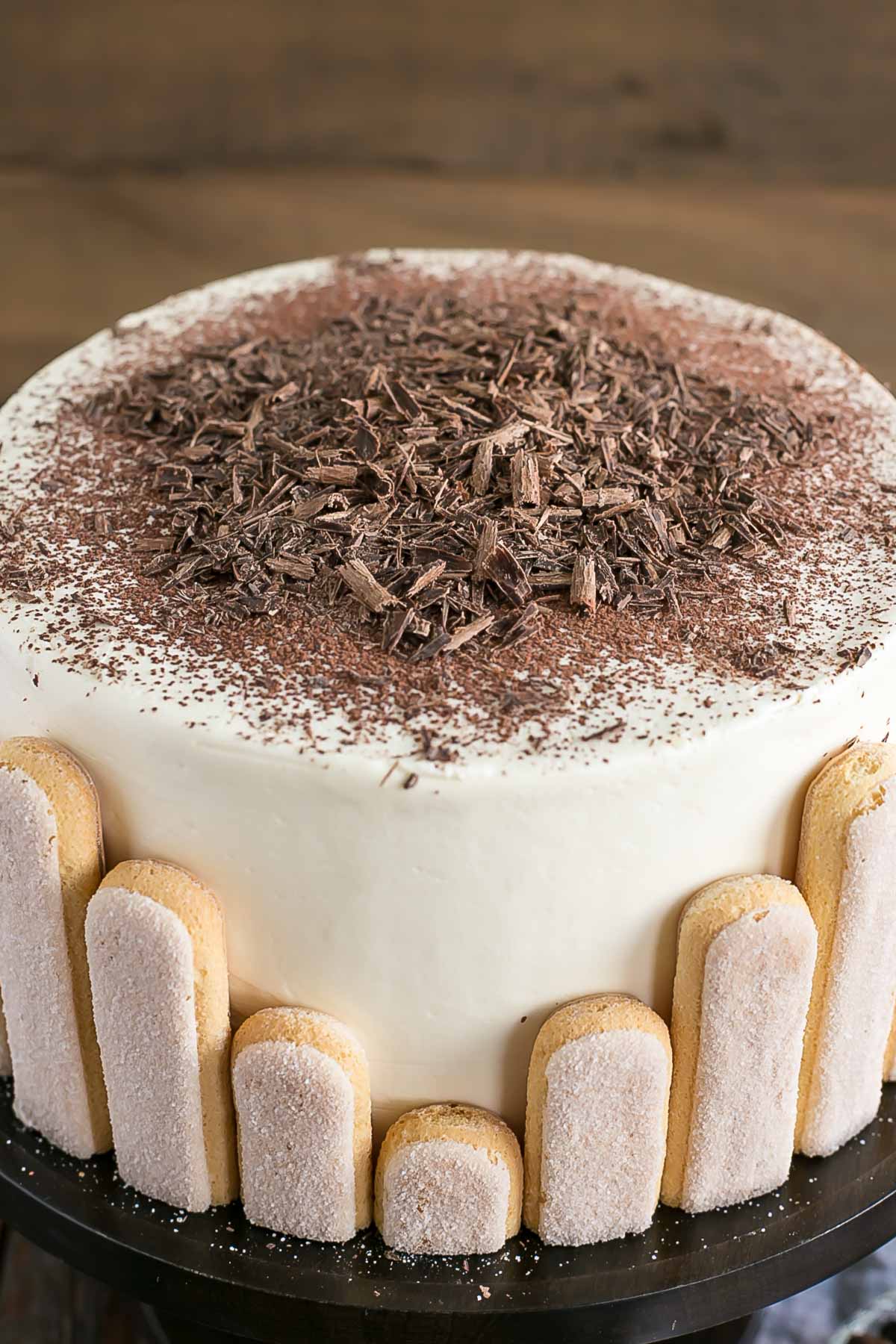 A close up of the chocolate shavings on top of the cake