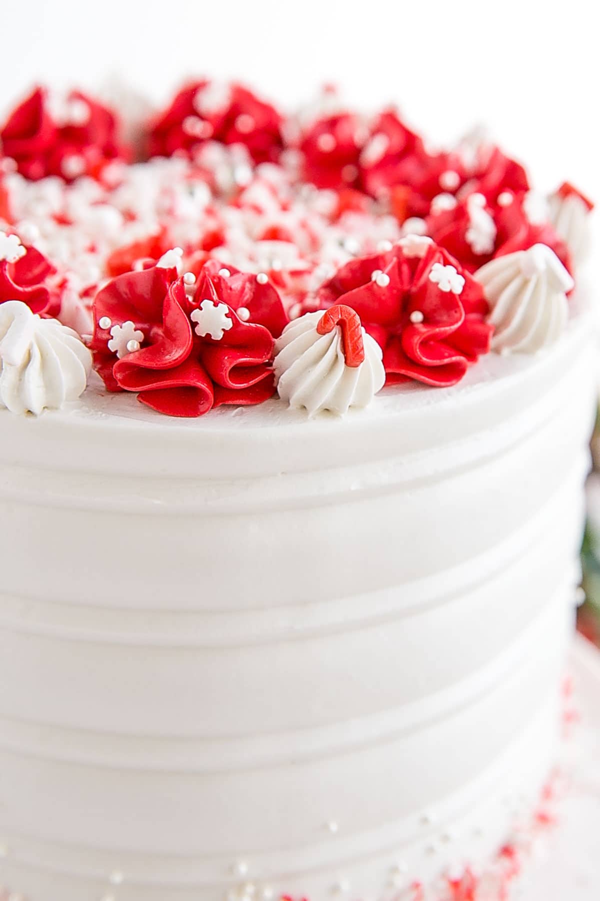 Close up of the red dollops on top of the cake.