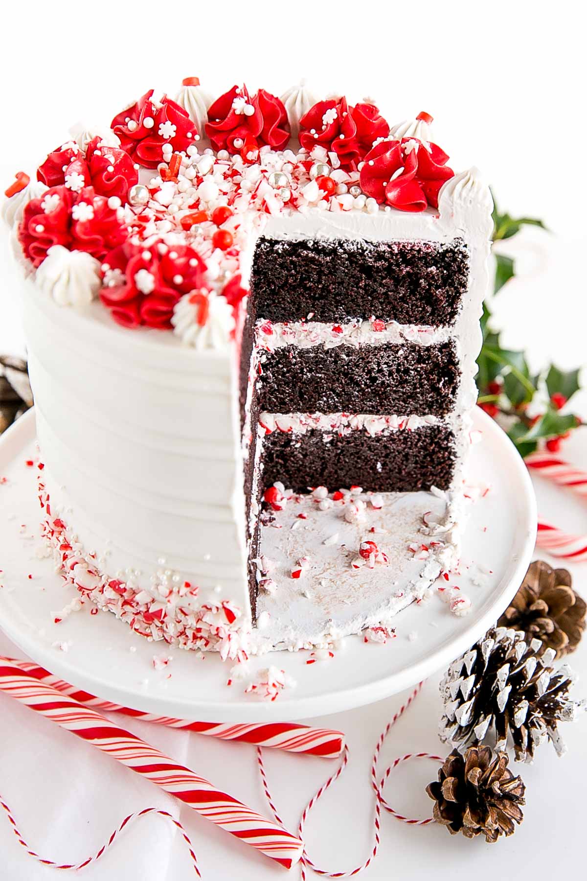 Angled cross-section of the chocolate peppermint cake showing the inside.