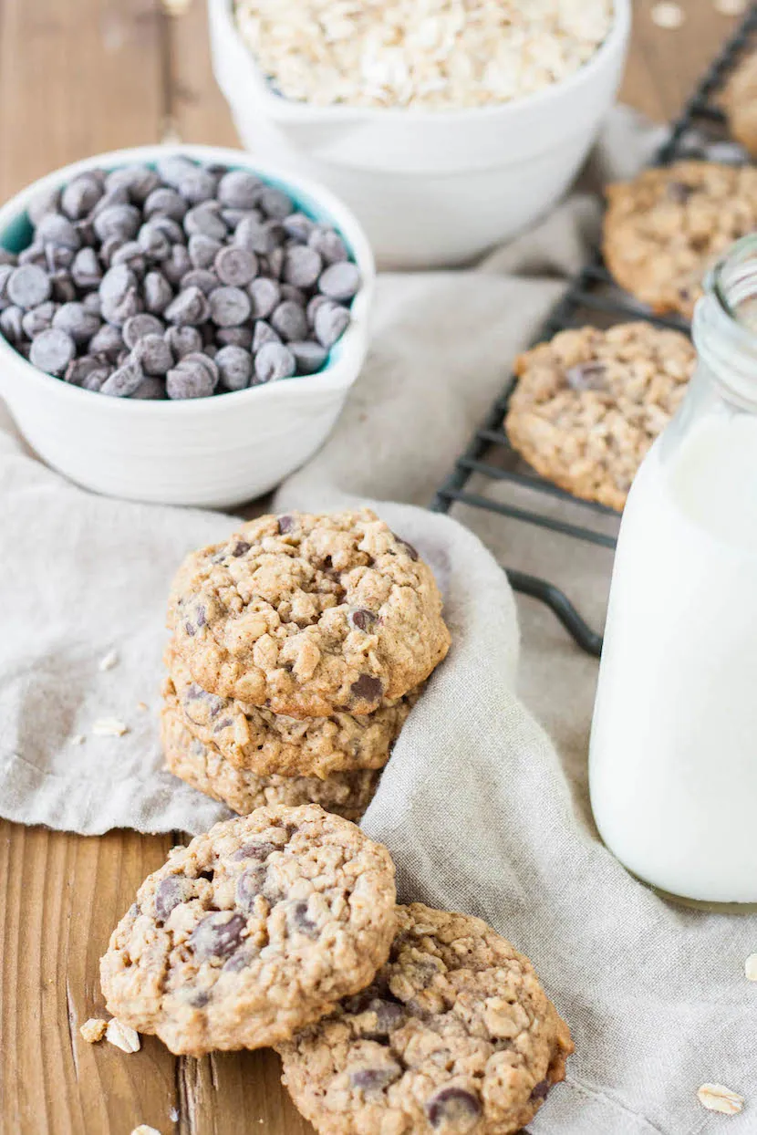 Oatmeal chocolate chip cookies oats and chocolate chips.