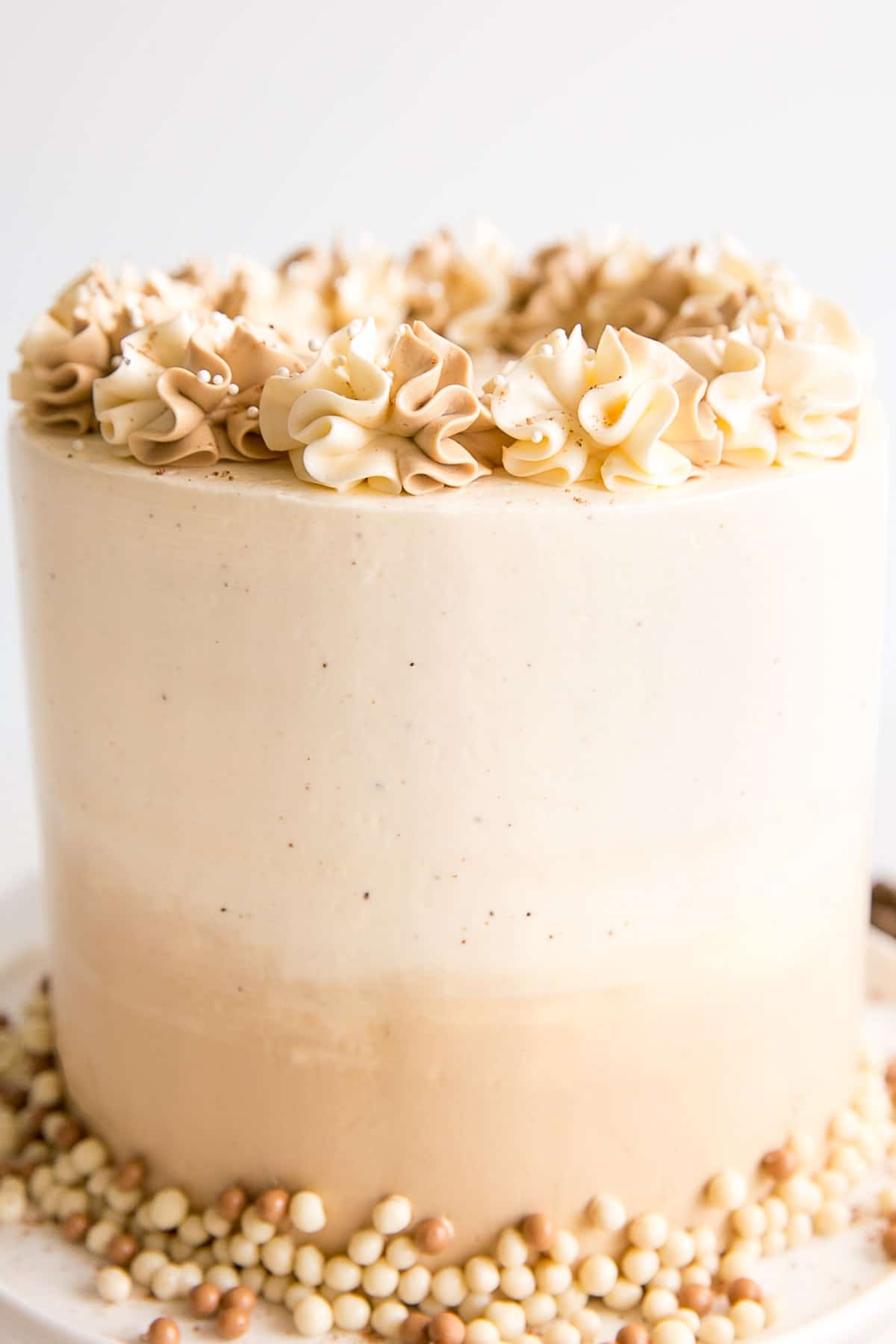 Close up of the cake showing the frosting and rosettes.