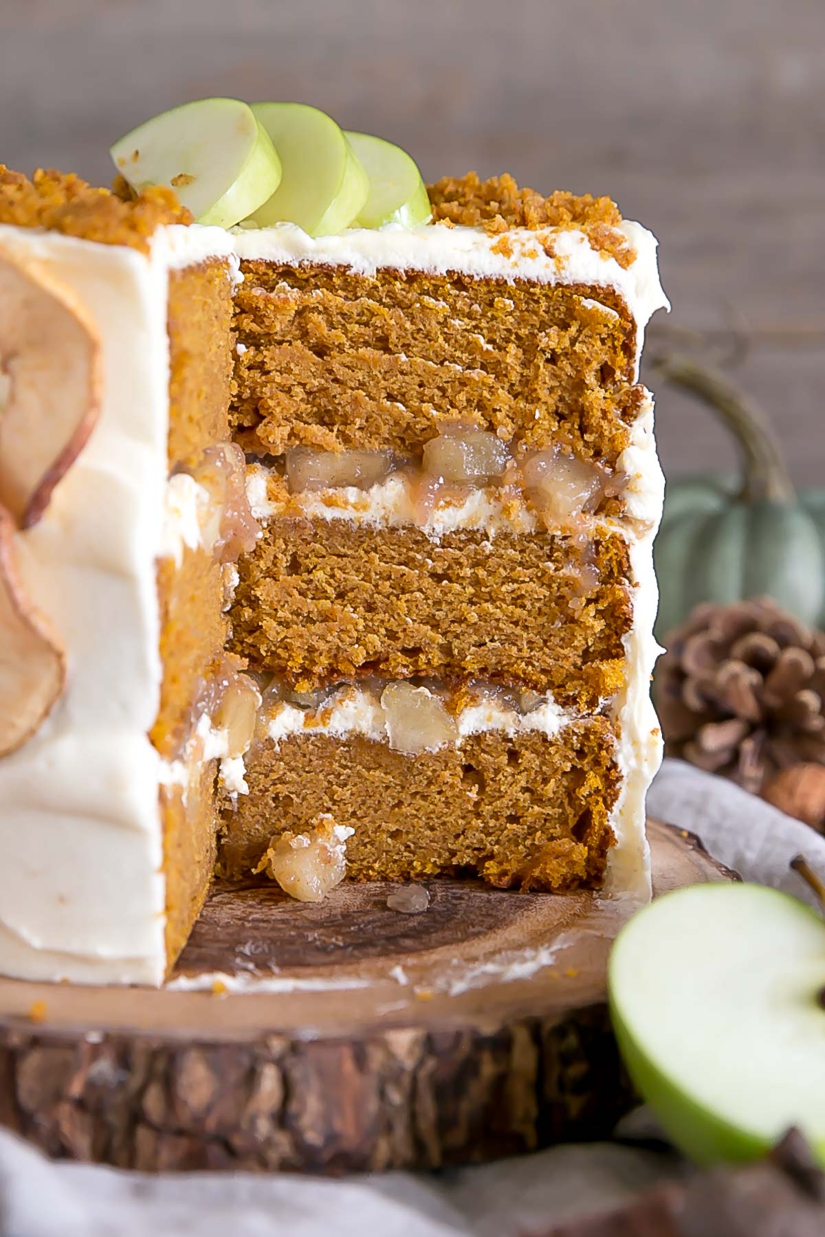 Cross section of the cake showing the apple pie filling.