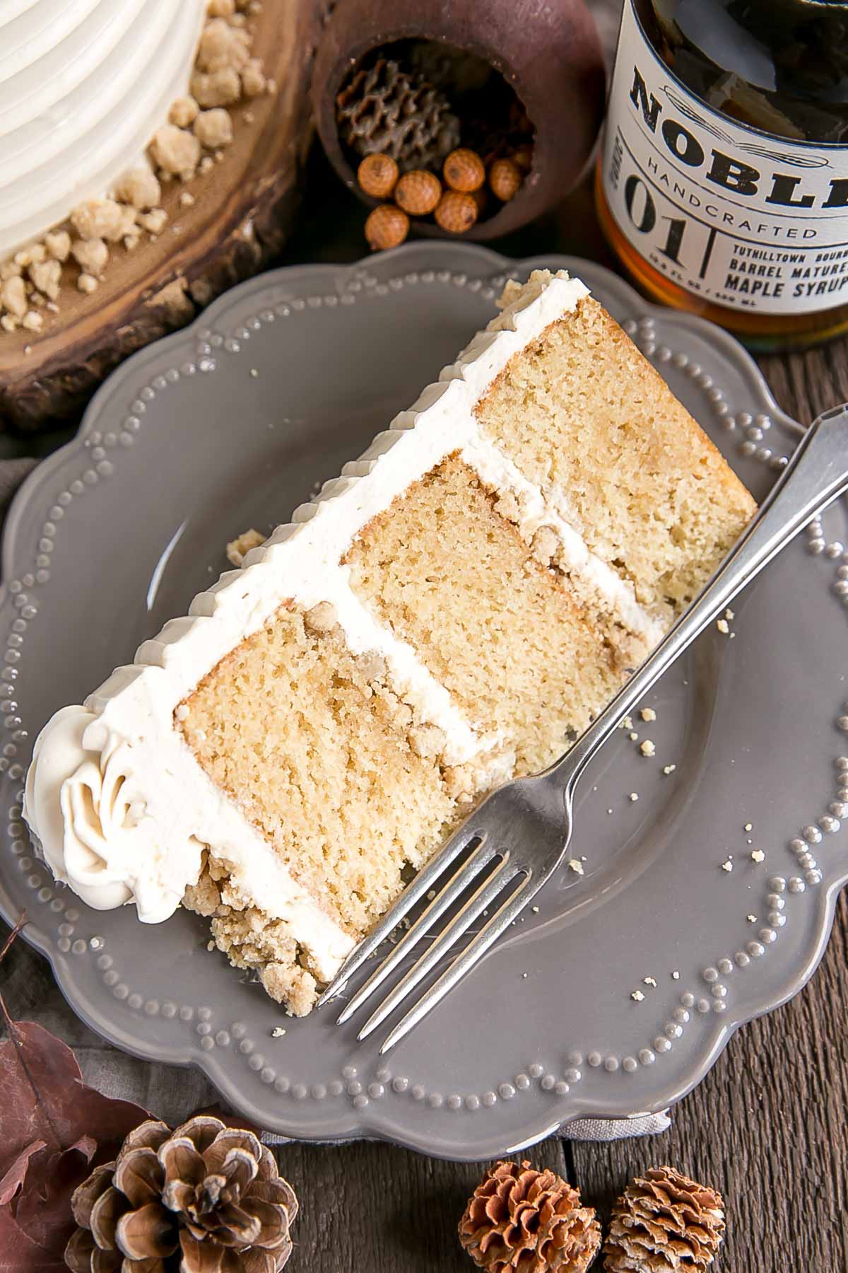 Slice of maple cake with maple streusel.