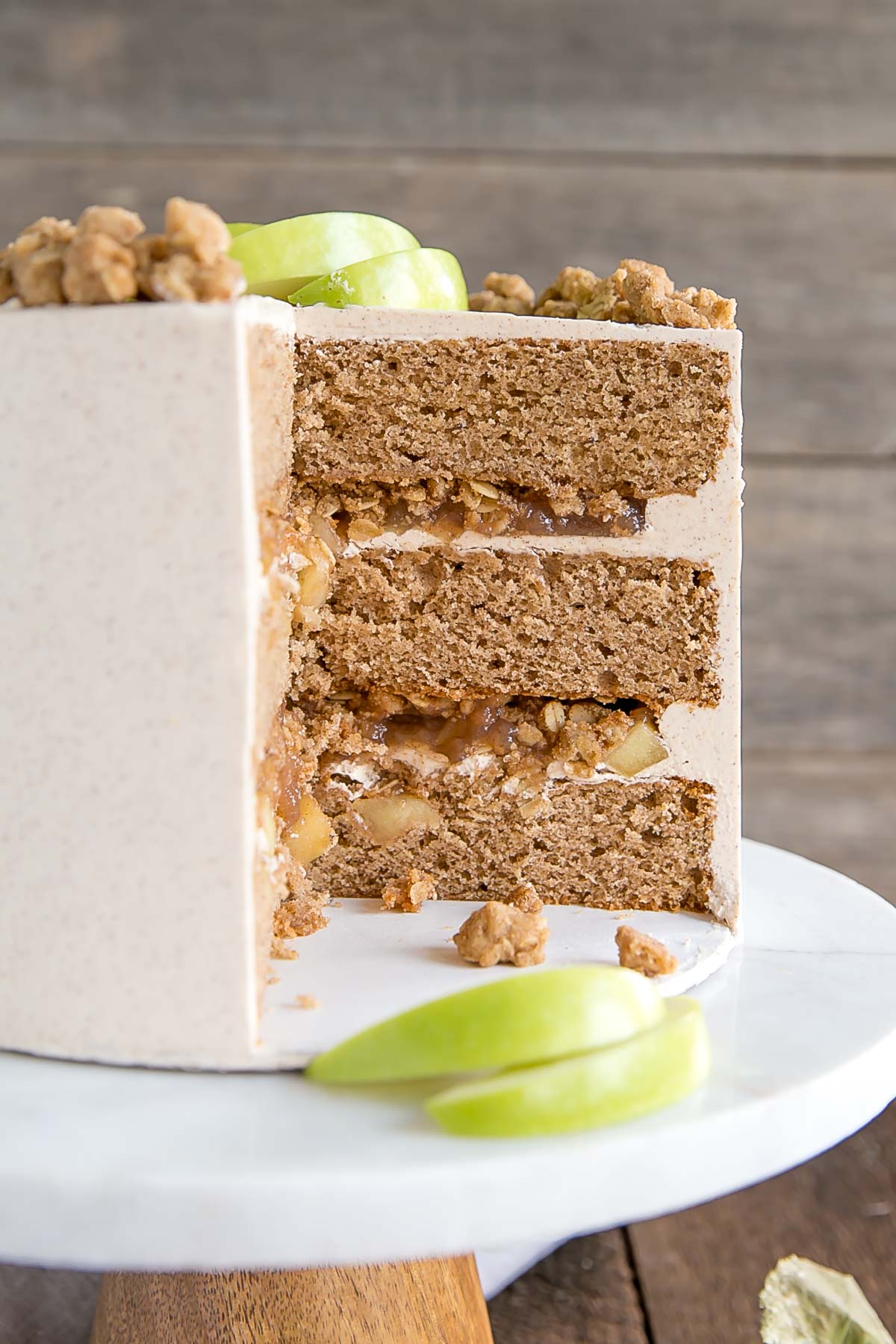 Apple cake with cinnamon buttercream, apple crumble, and apple pie filling.