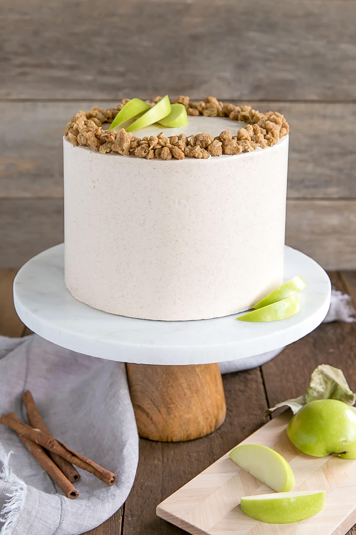 Apple cake with cinnamon buttercream and apple crisp crumble.