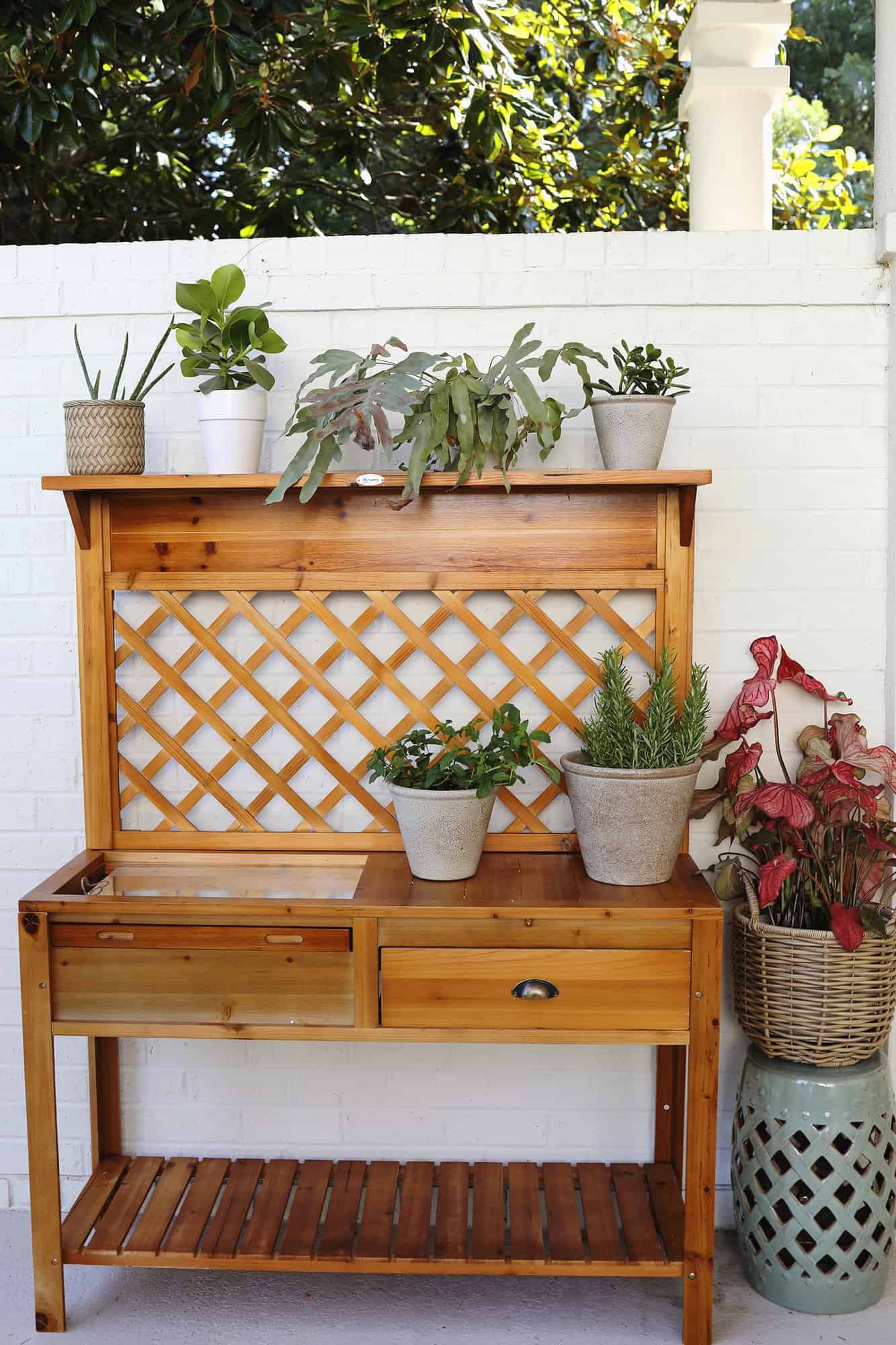 Potting station in backyard.