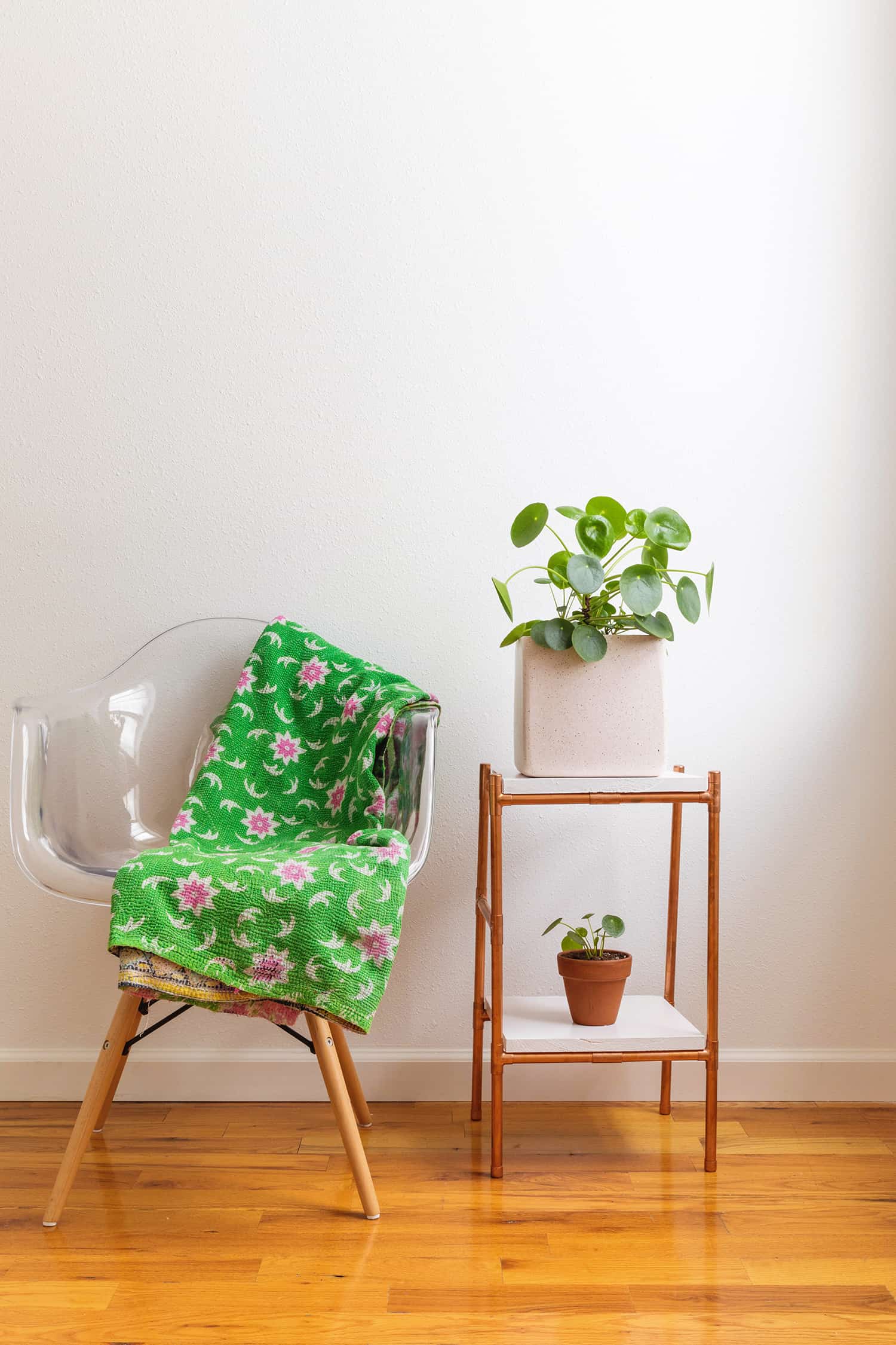 clear chair with green and pink blanket on it next to a stand with a plant on the top and bottom shelf