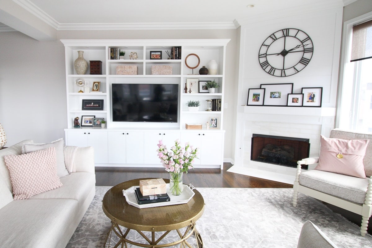 White and blush family room space