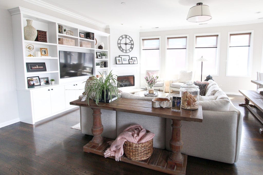 Bright family room in this feminine home tour