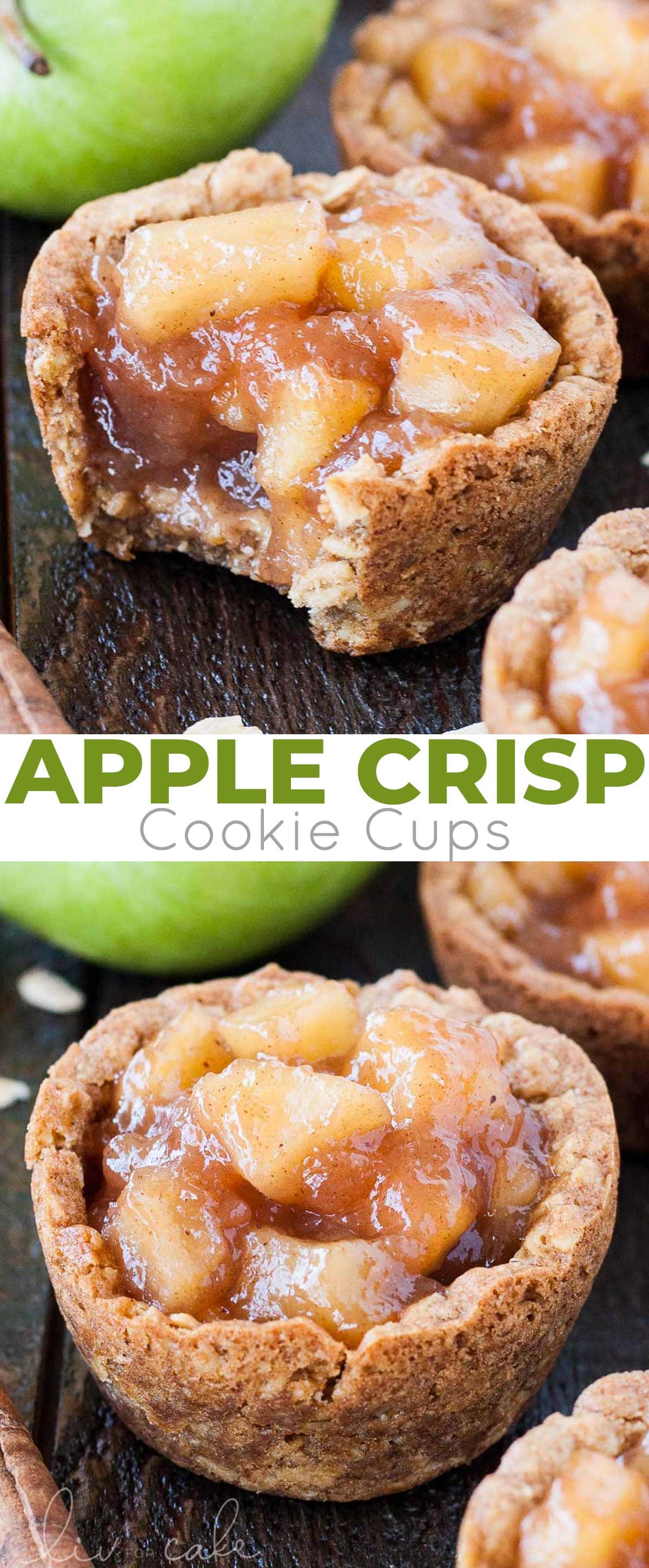 Your favourite chewy oatmeal cookies come together with homemade apple pie filling in these bite-sized Apple Crisp Cookie Cups. | livforcake.com