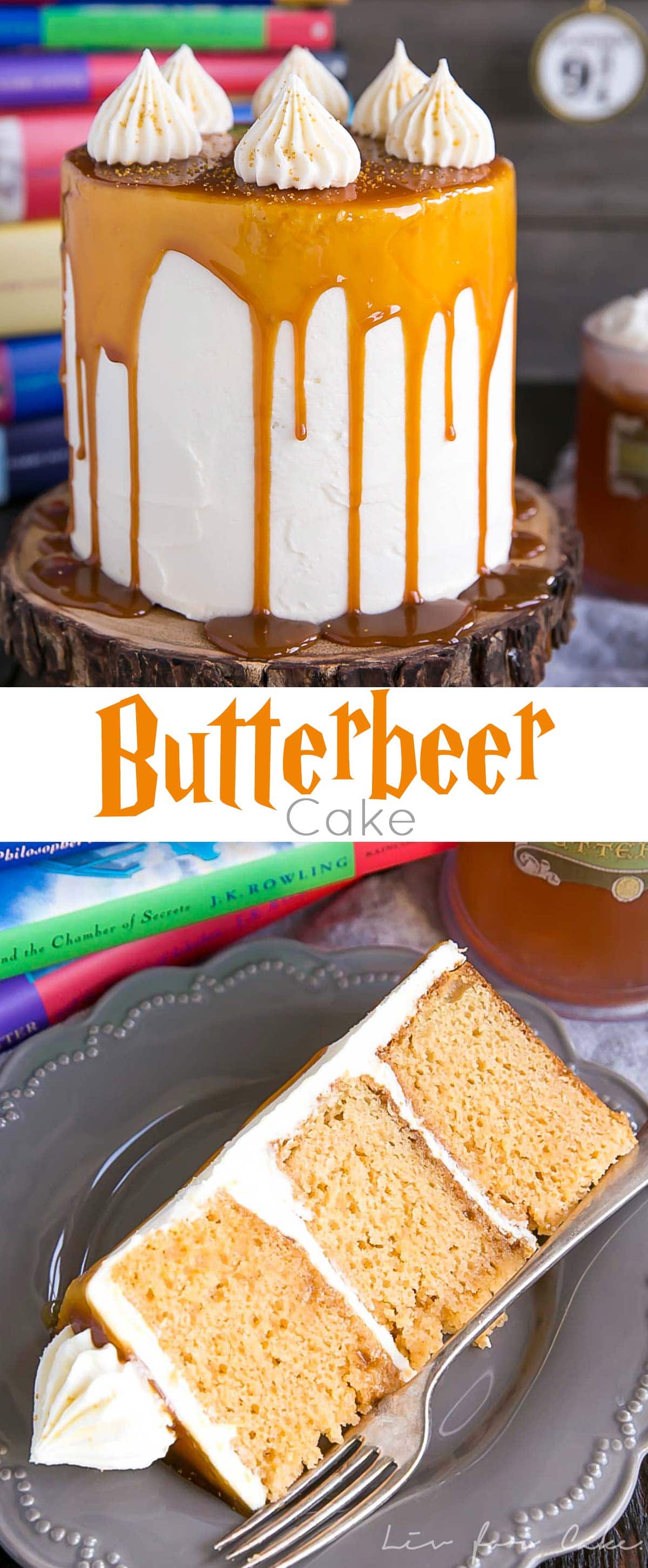 Butterbeer Cake! Butterscotch cake, cream soda, and marshmallow all in one spellbinding dessert. The perfect Harry Potter Cake! | livforcake.com