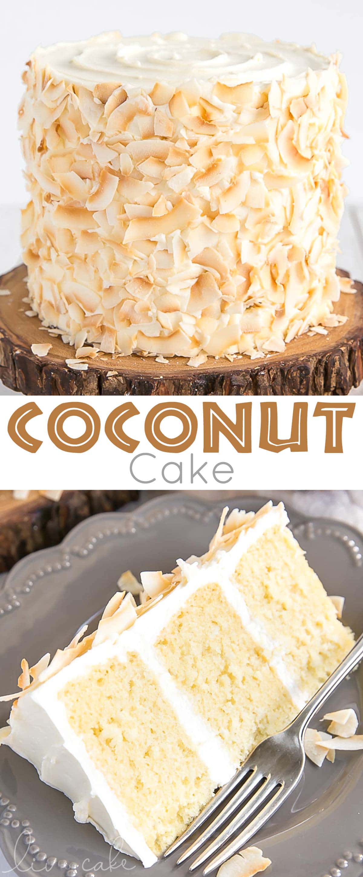 This moist and delicious coconut cake recipe is infused with natural coconut flavour throughout and decorated with giant toasted coconut flakes. | livforcake.com