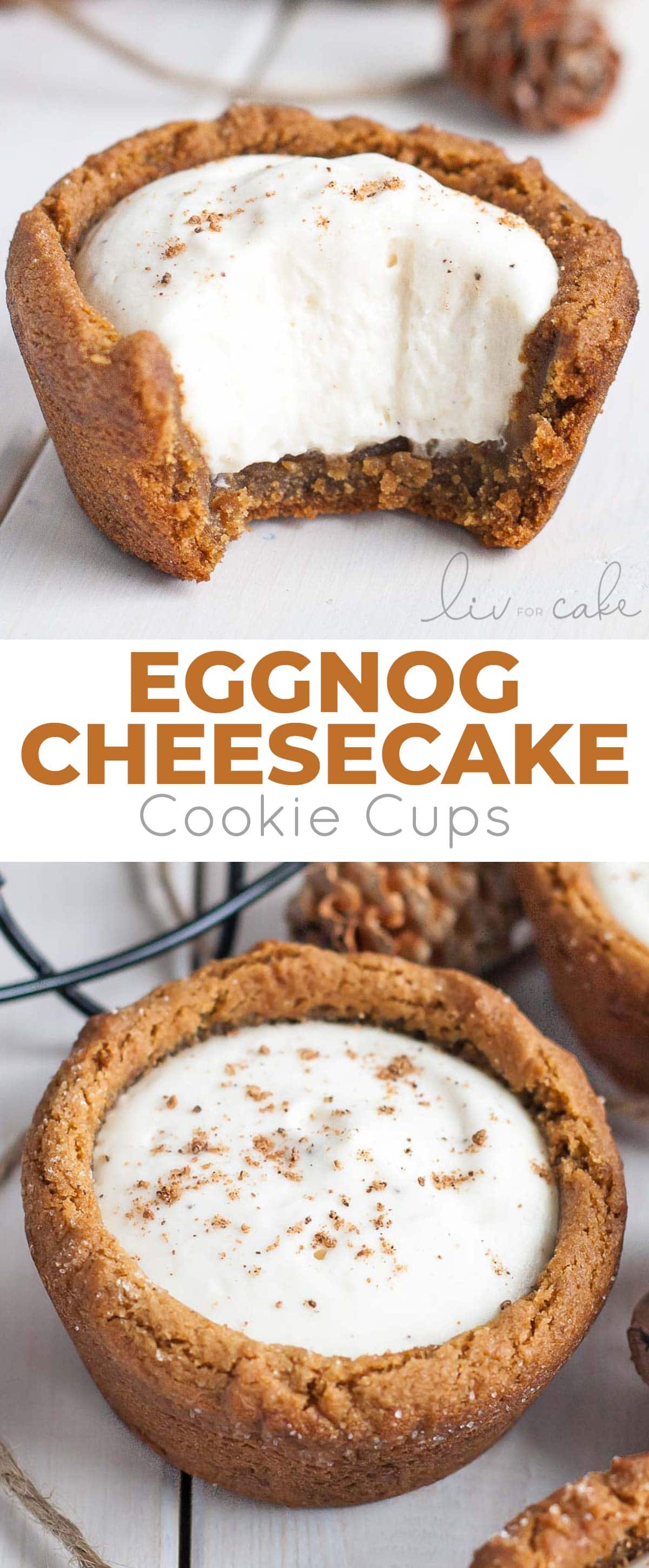 Eggnog Cheesecake Cookie Cups! Chewy gingerbread cookie cups filled with a fluffy eggnog cheesecake. | livforcake.com