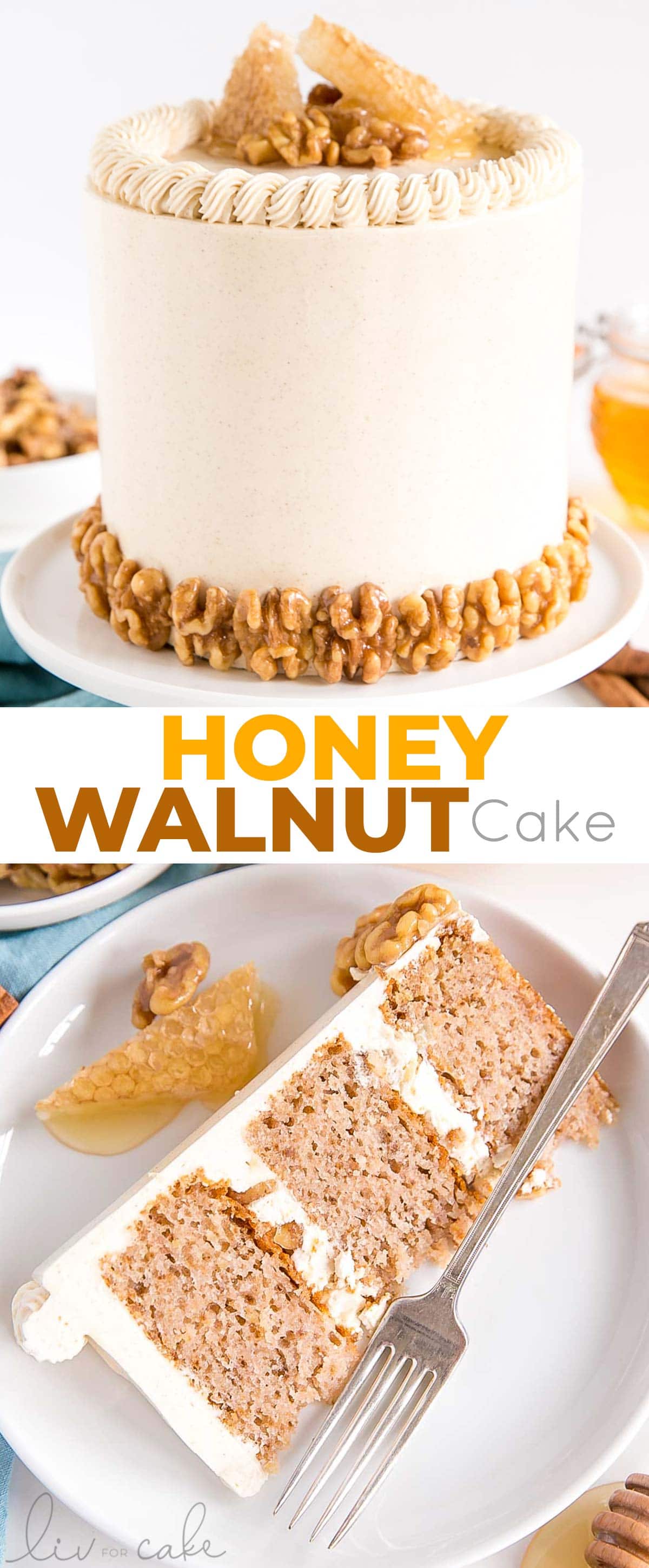 Honey walnut cake layers paired with a honey cinnamon buttercream and honey glazed walnuts. | livforcake.com