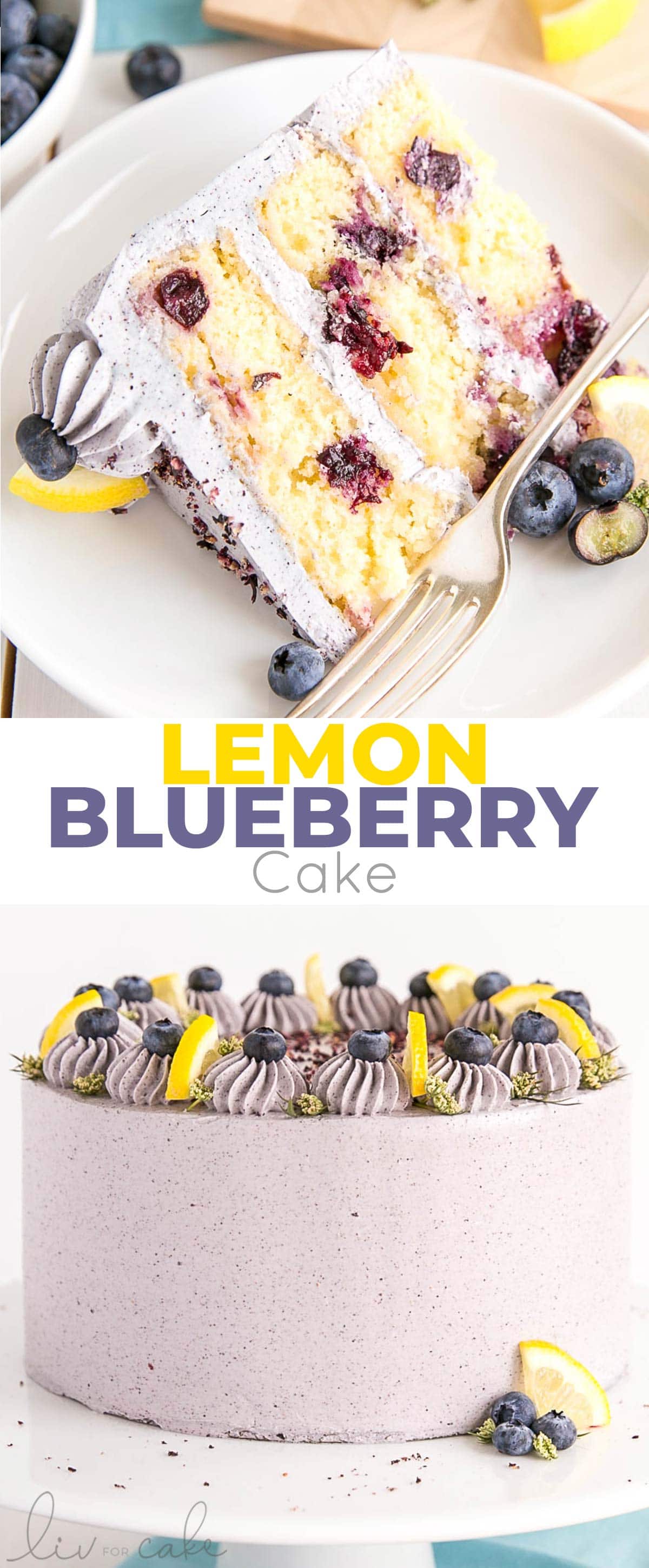 Lemon Blueberry Cake! A moist and delicious lemon cake with fresh blueberries and a blueberry buttercream. | livforcake.com