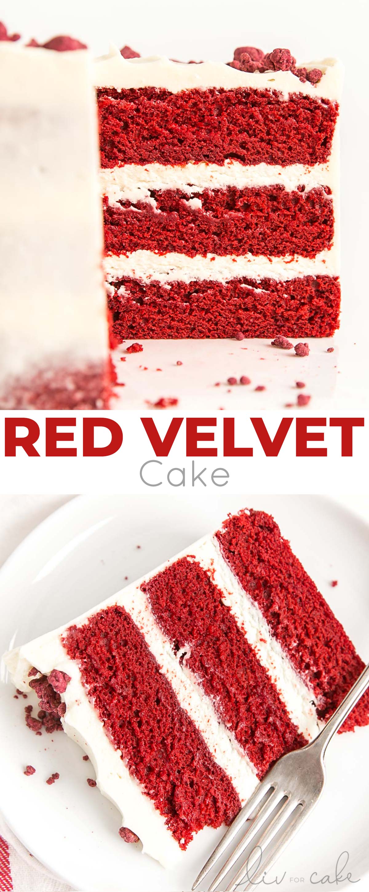 Classic Red Velvet Cake! Tender red cake layers with a hint of chocolate paired with a tangy cream cheese frosting and a red velvet crumble. | livforcake.com