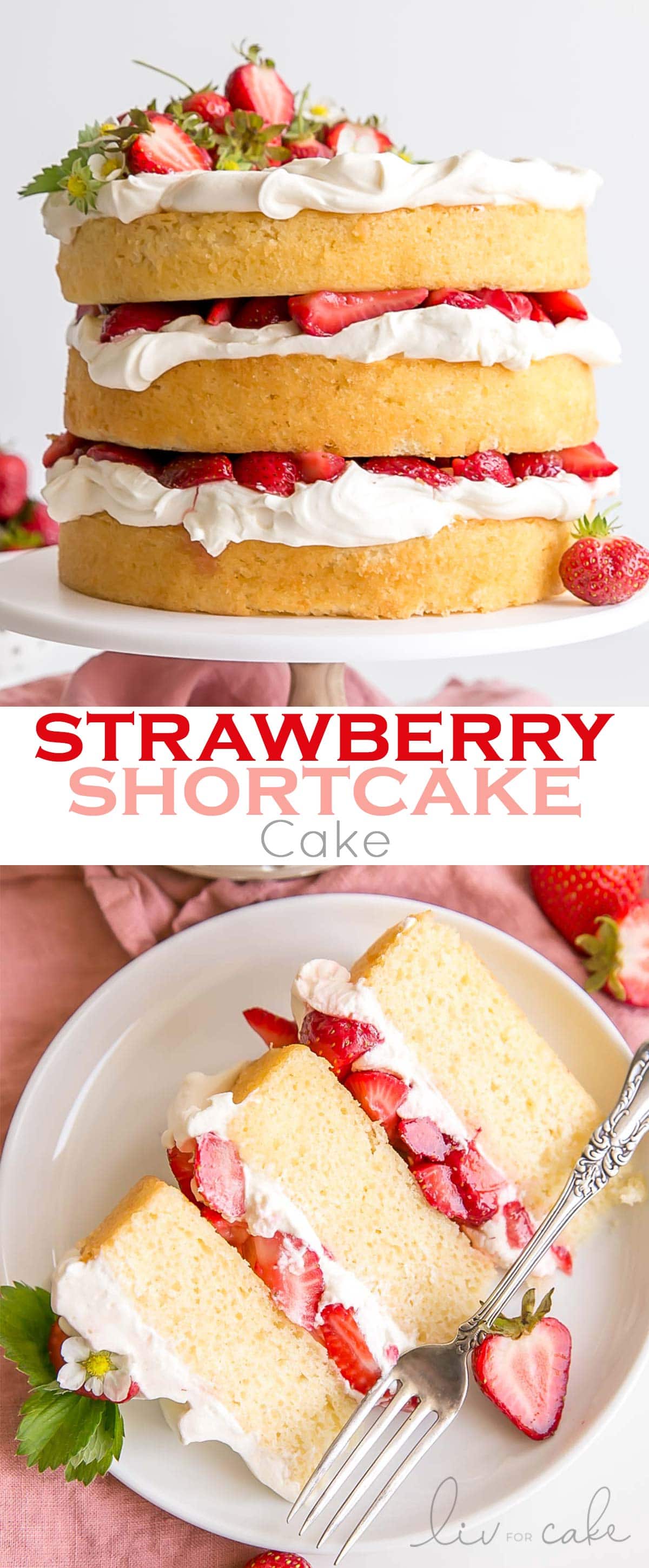 This Strawberry Shortcake Cake gives a new twist to an old classic. Vanilla cake layers, fresh strawberries, and mascarpone whipped cream! | livforcake.com