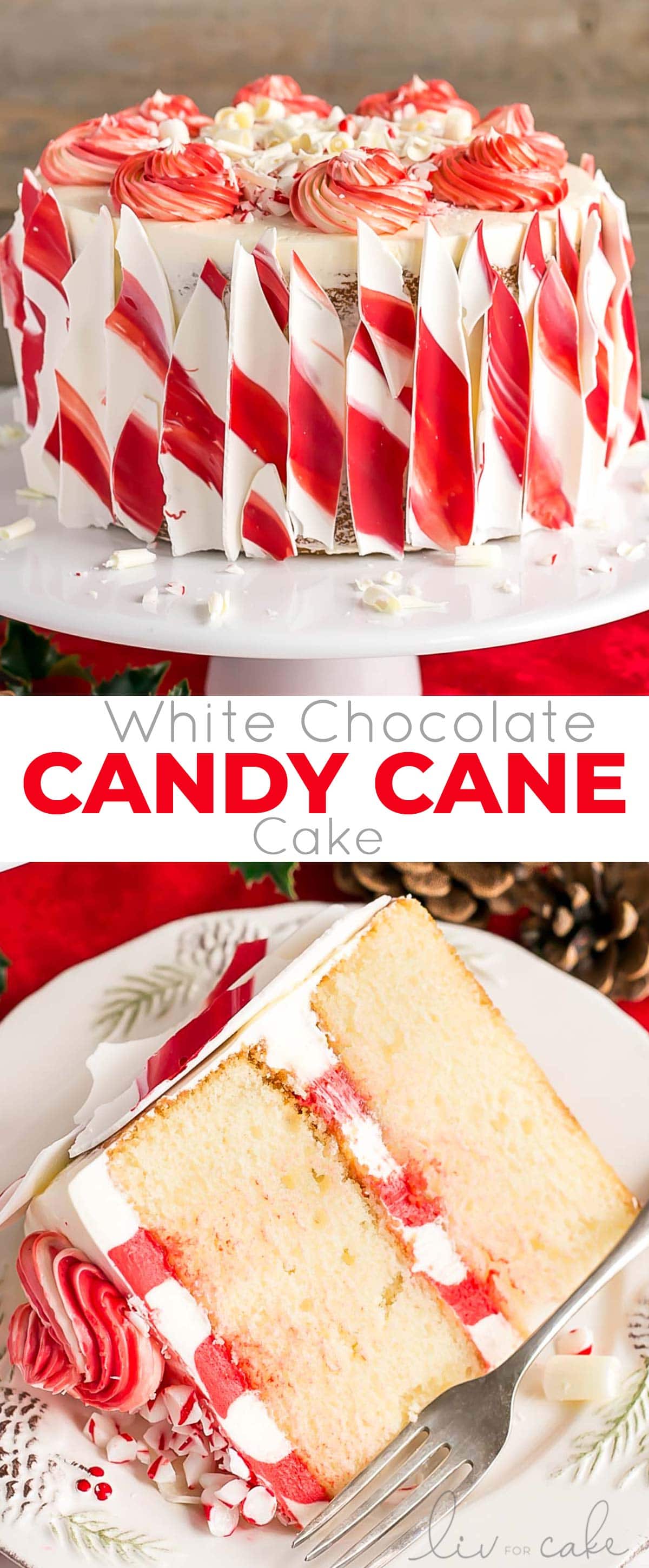 This White Chocolate Candy Cane Cake is the perfect addition to your holiday celebrations! | livforcake.com