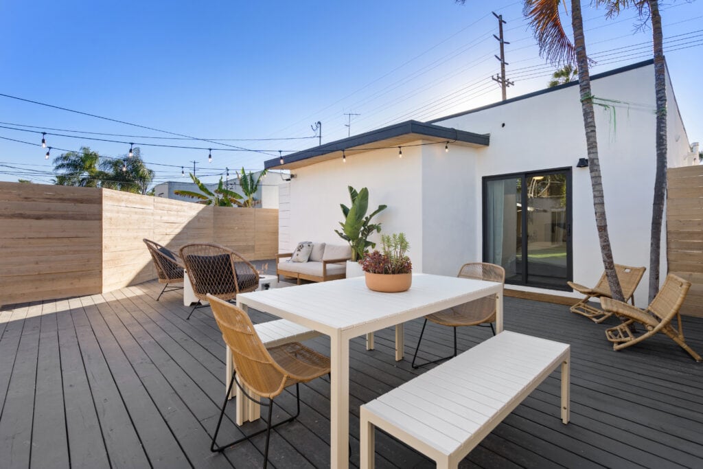 Dining area on a large deck in San Diego