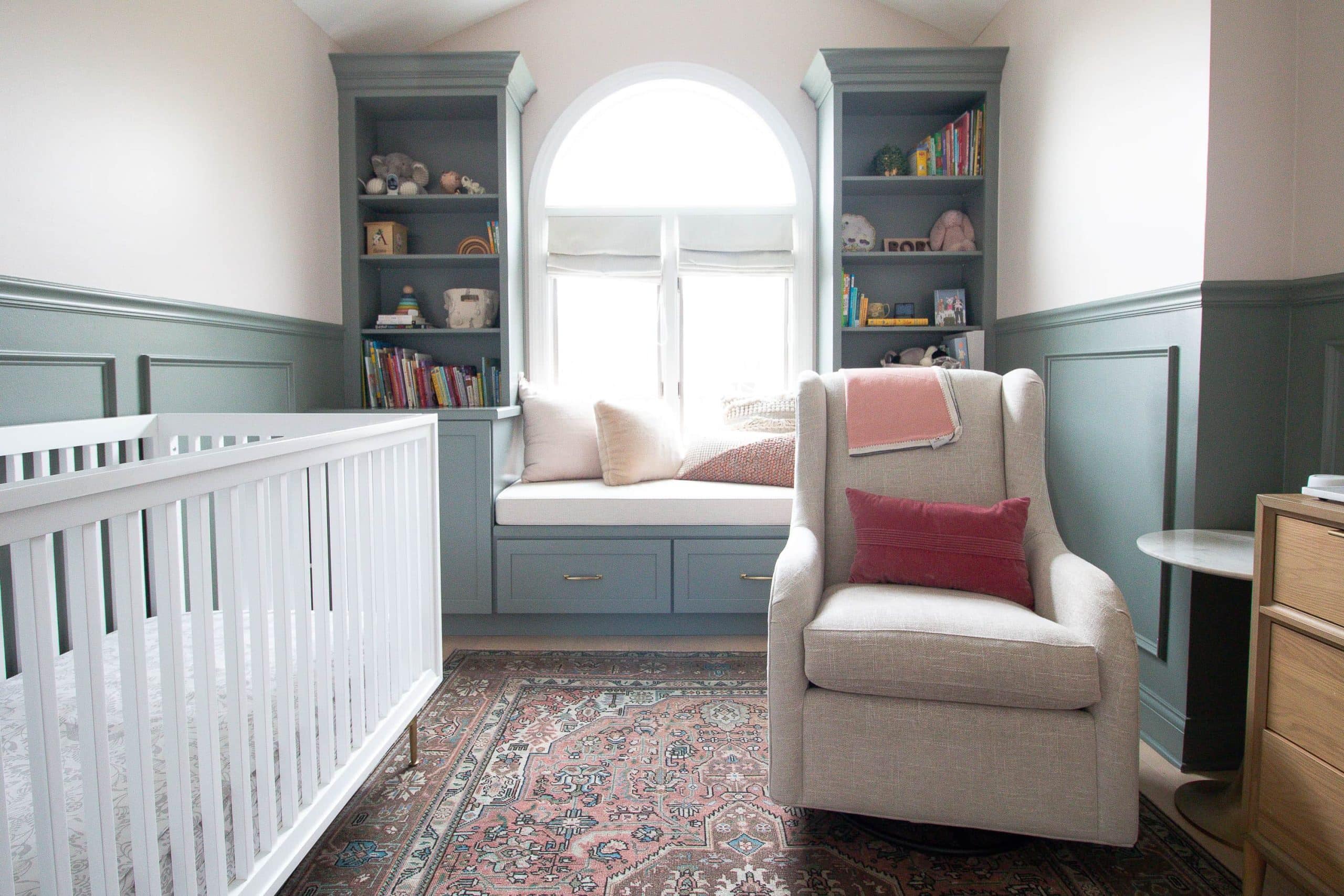 Our sage green built-ins in our nursery