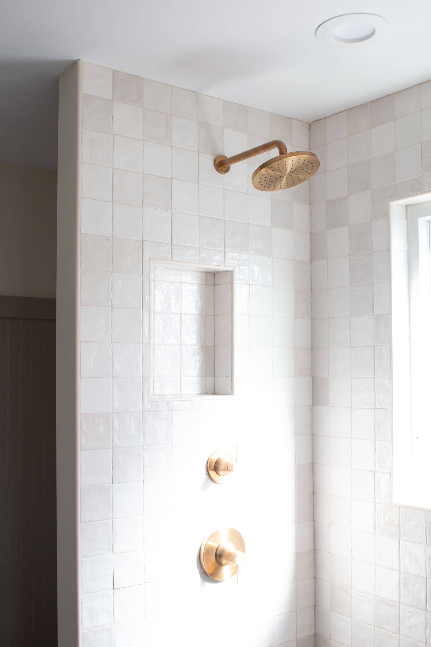 The creamy wall tile in our organic modern bathroom