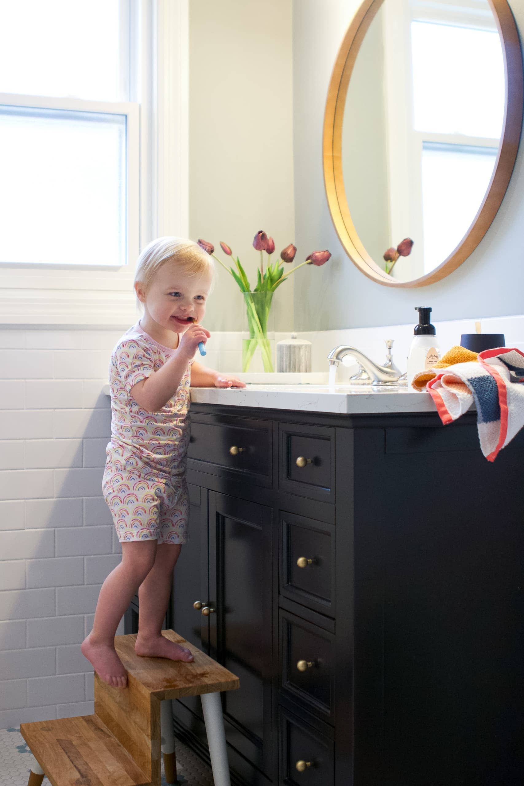 Rory brushing her teeth at the new vanity