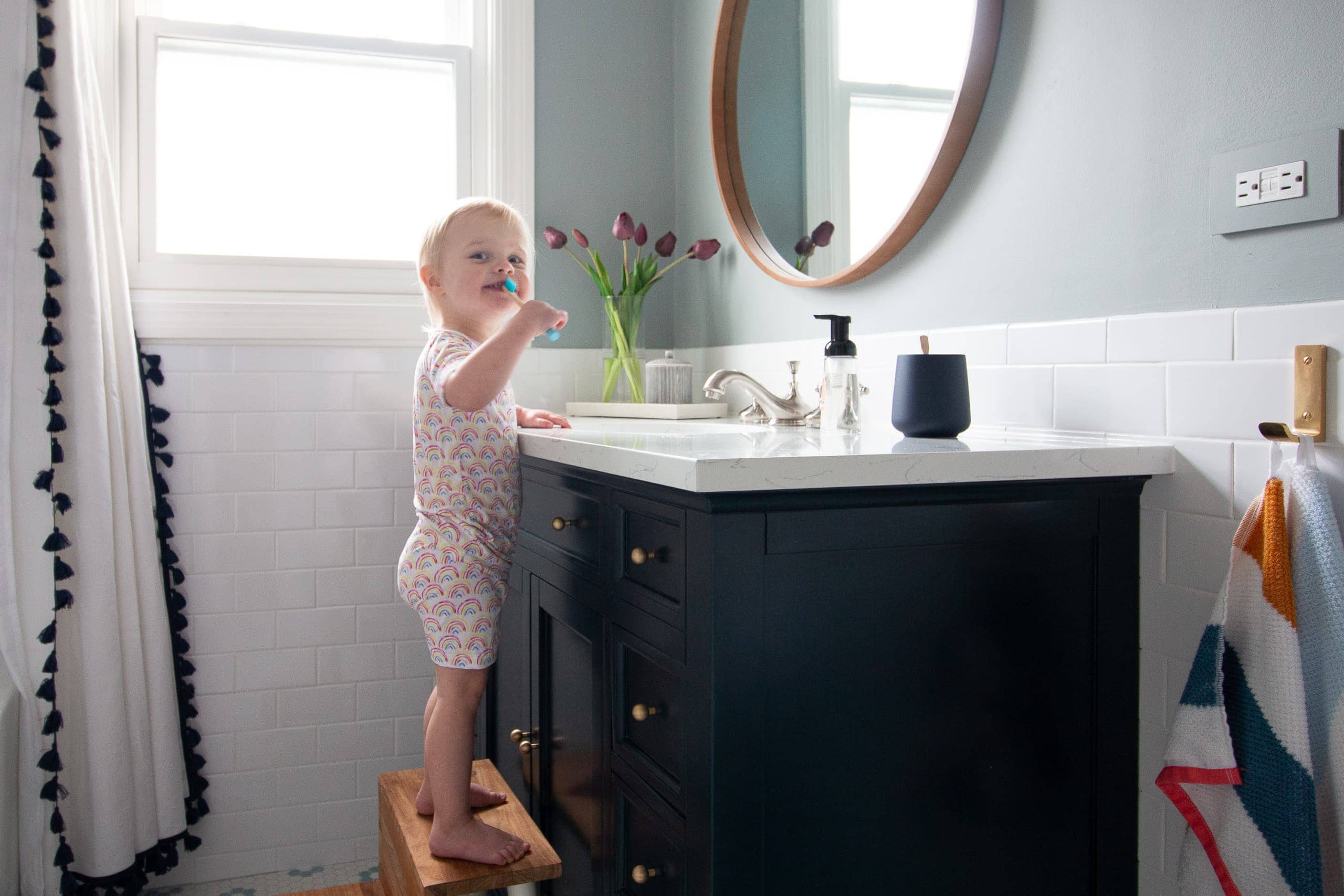 Rory enjoying her new kids' bathroom