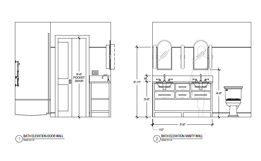 Pocket door and new vanity in this main bathroom design plan