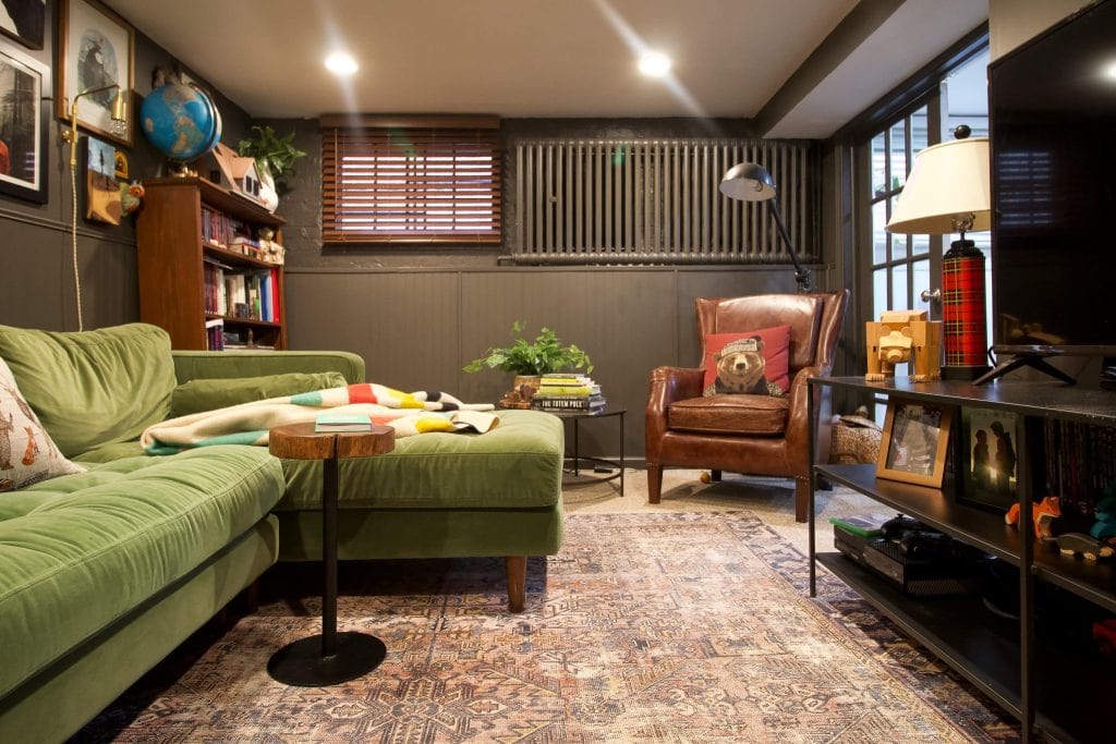 Dark and moody lounge in the basement