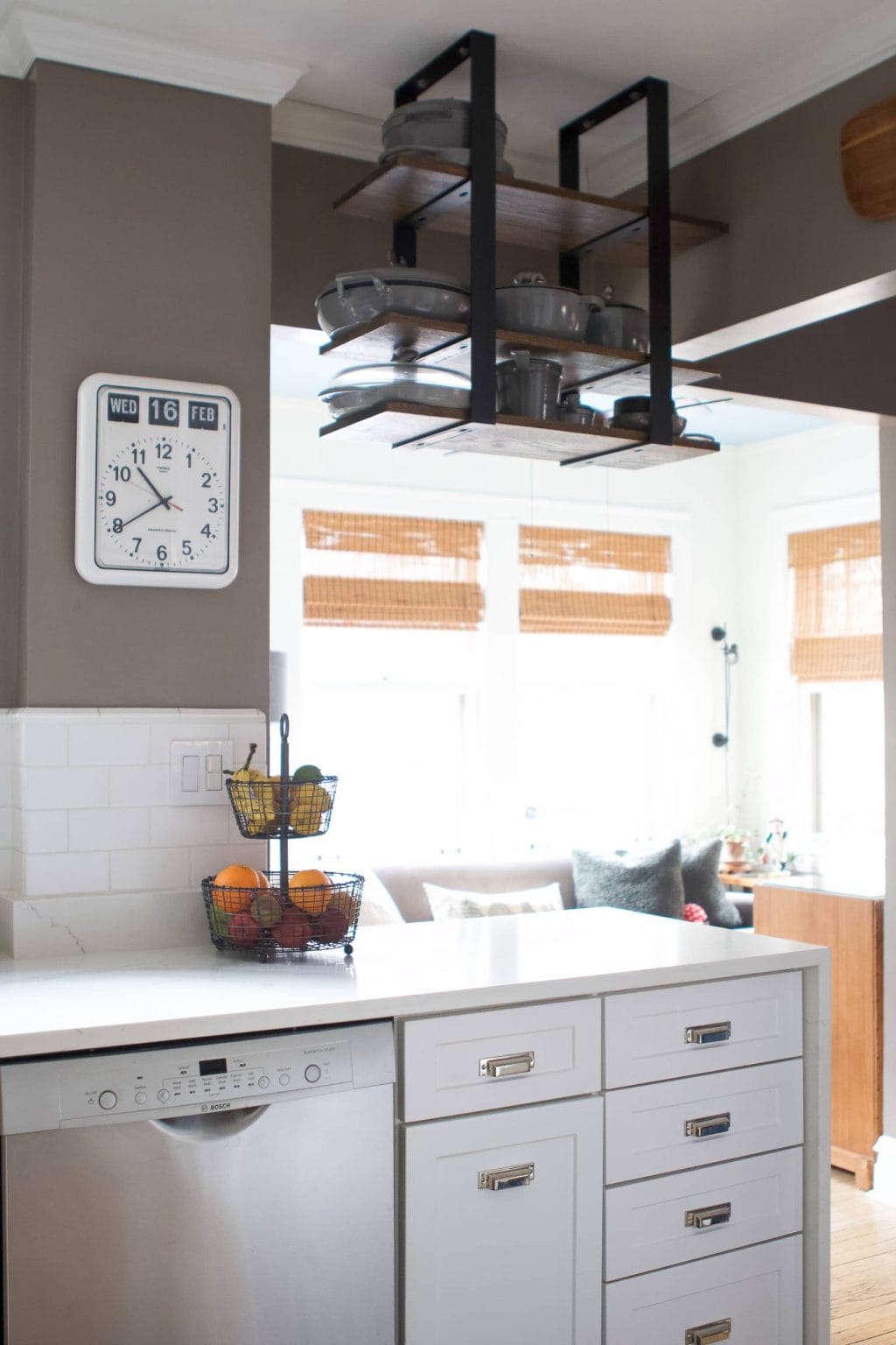 hanging shelves from the ceiling in this home tour