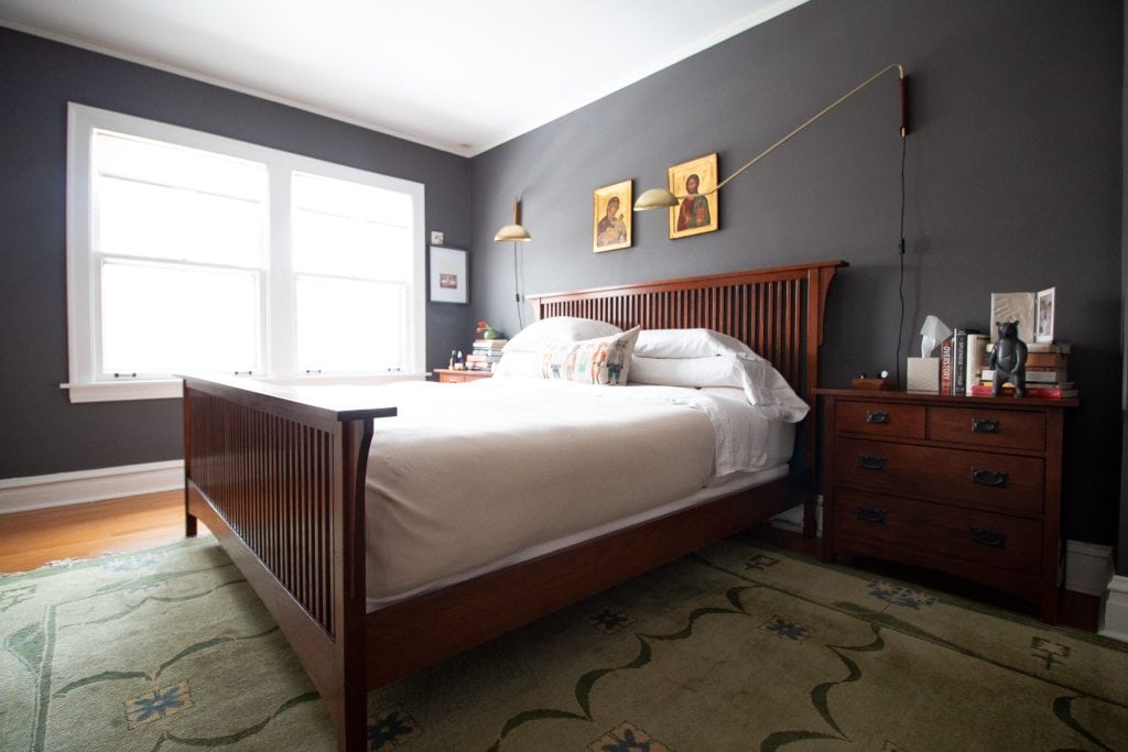 A dark gray bedroom in the color silver sage 