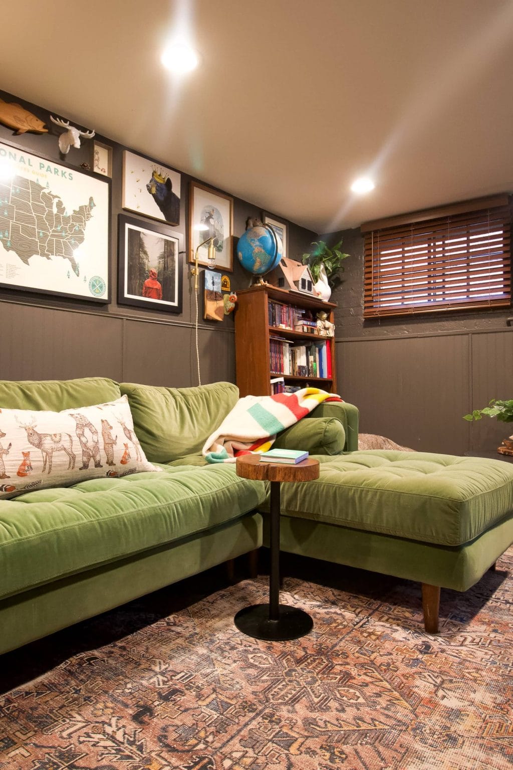 Dark and moody basement lounge 