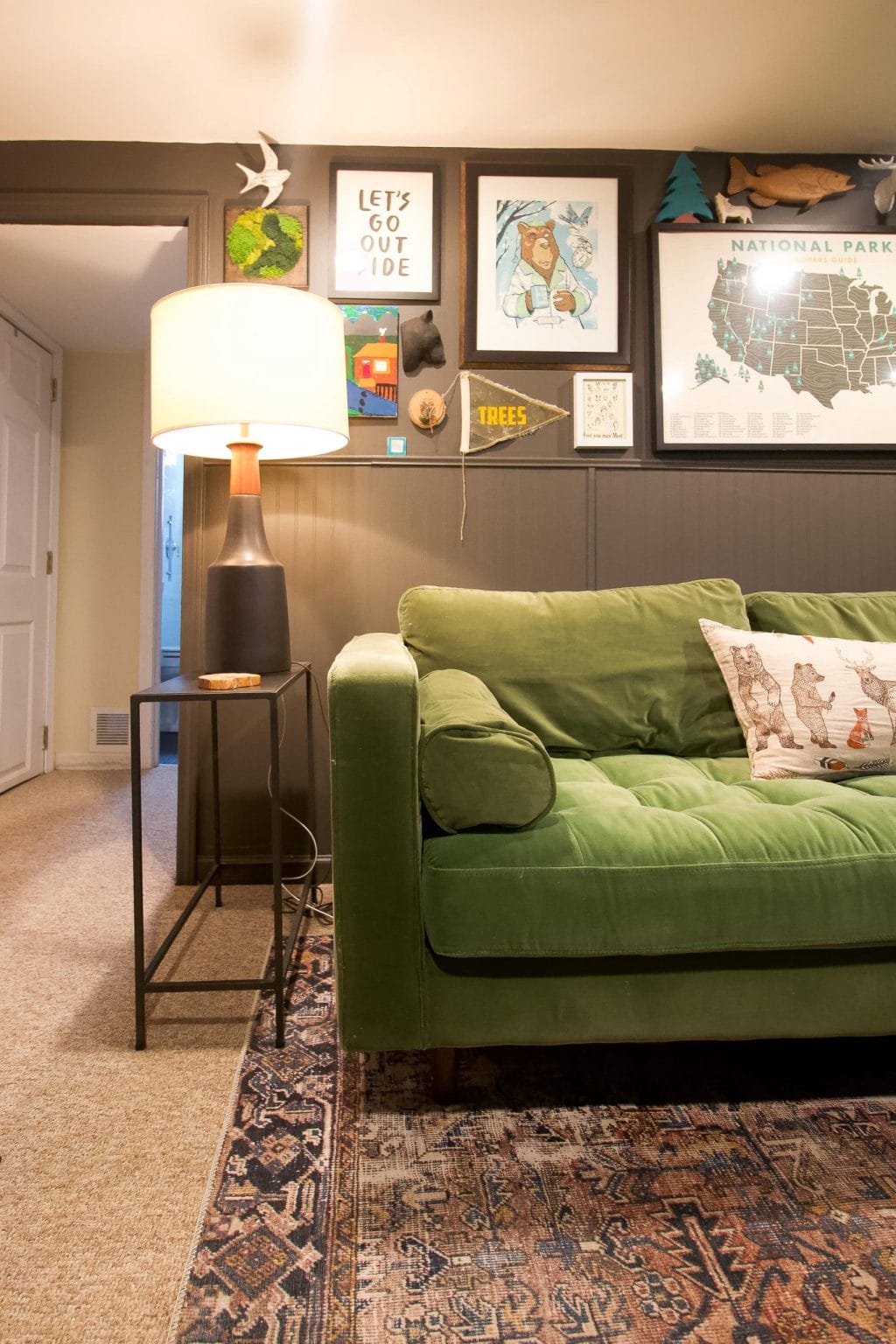 Gallery wall in a basement lounge