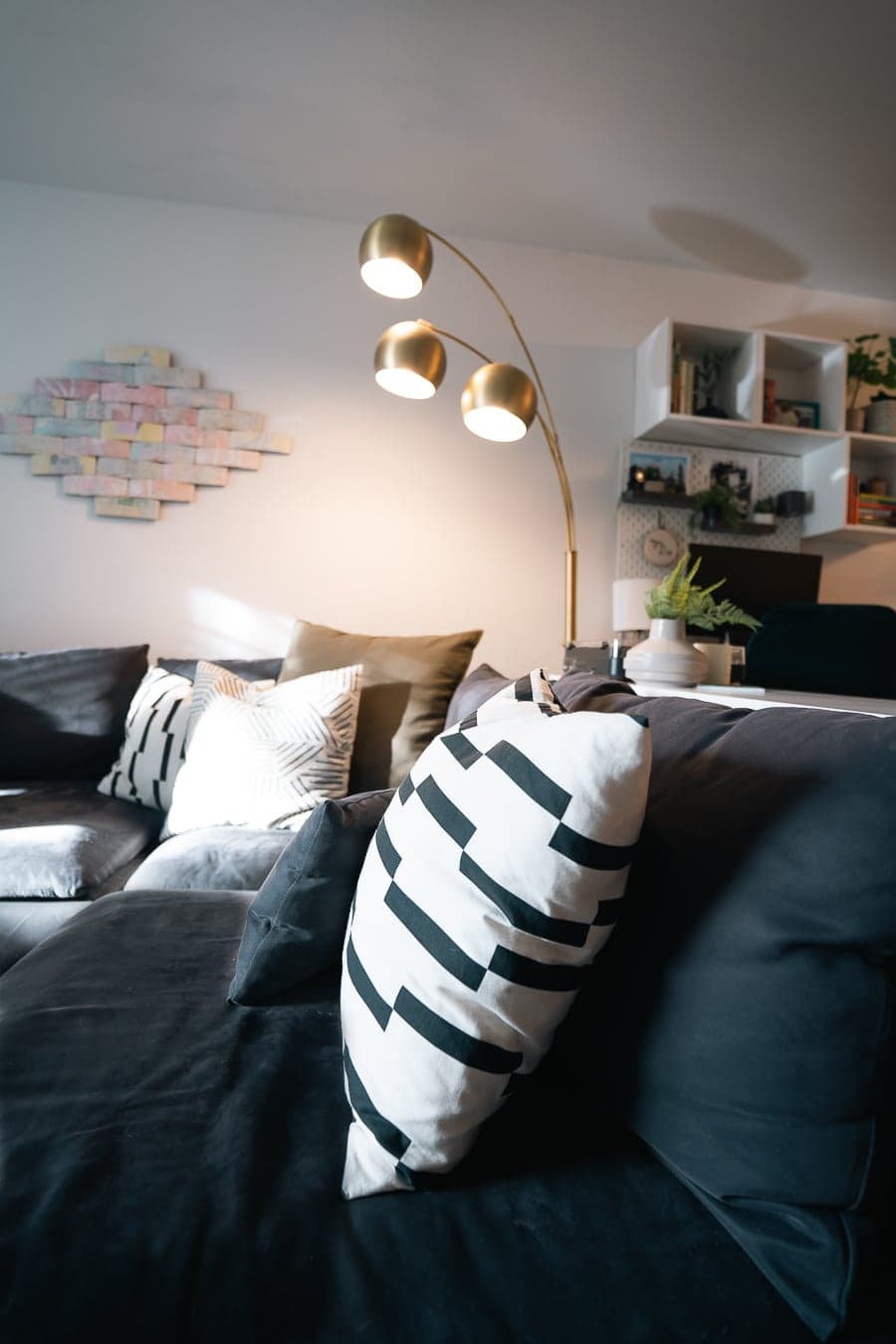 earthy living room with gold accents