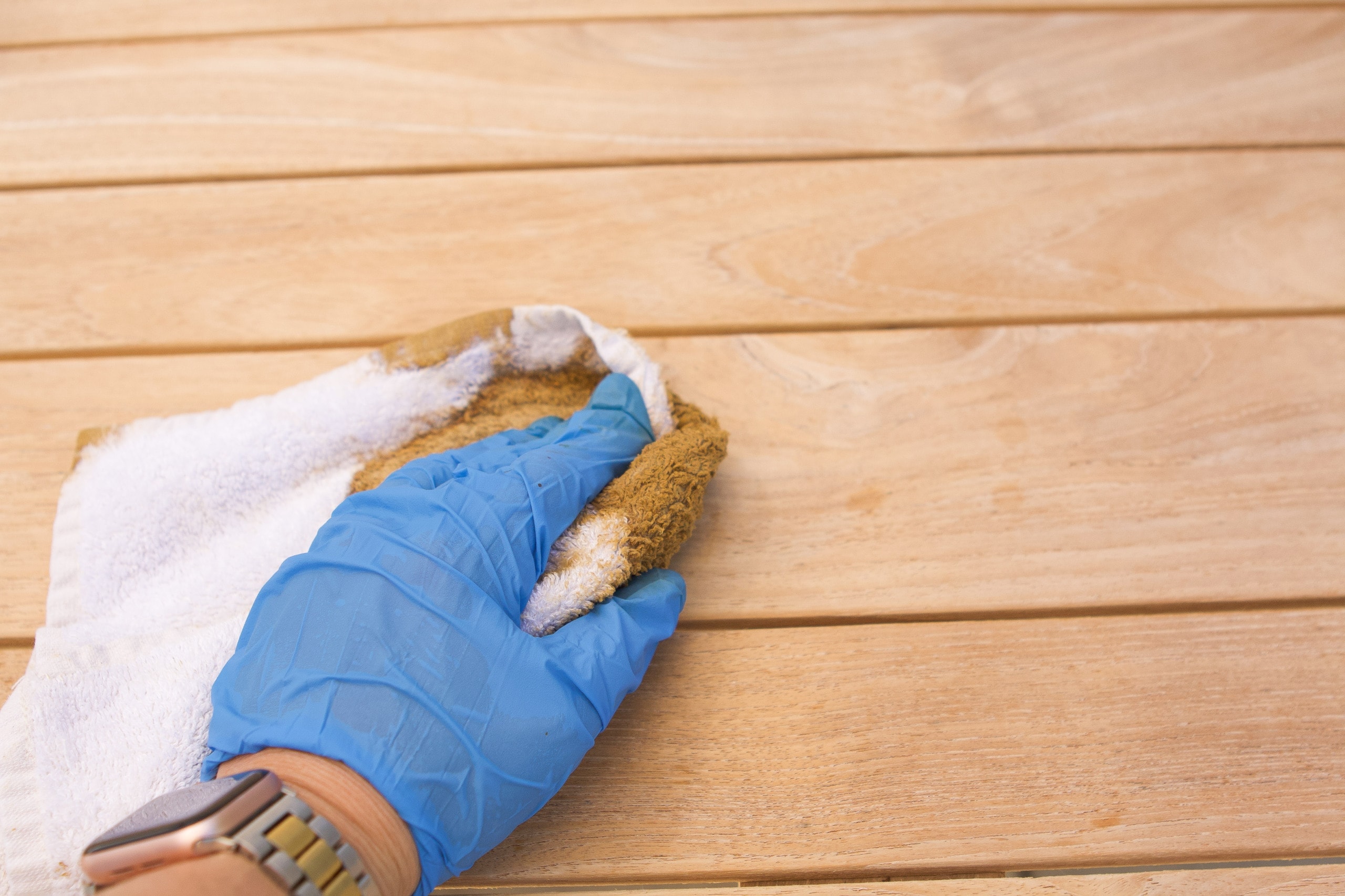 Wear gloves when applying a teak sealer