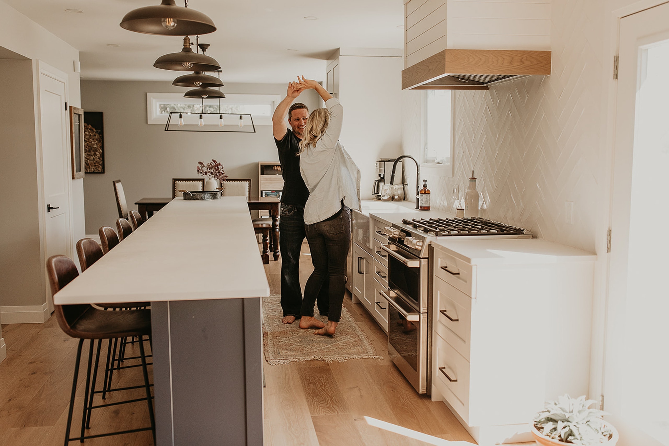 A couple enjoying their modern farmhouse kitchen