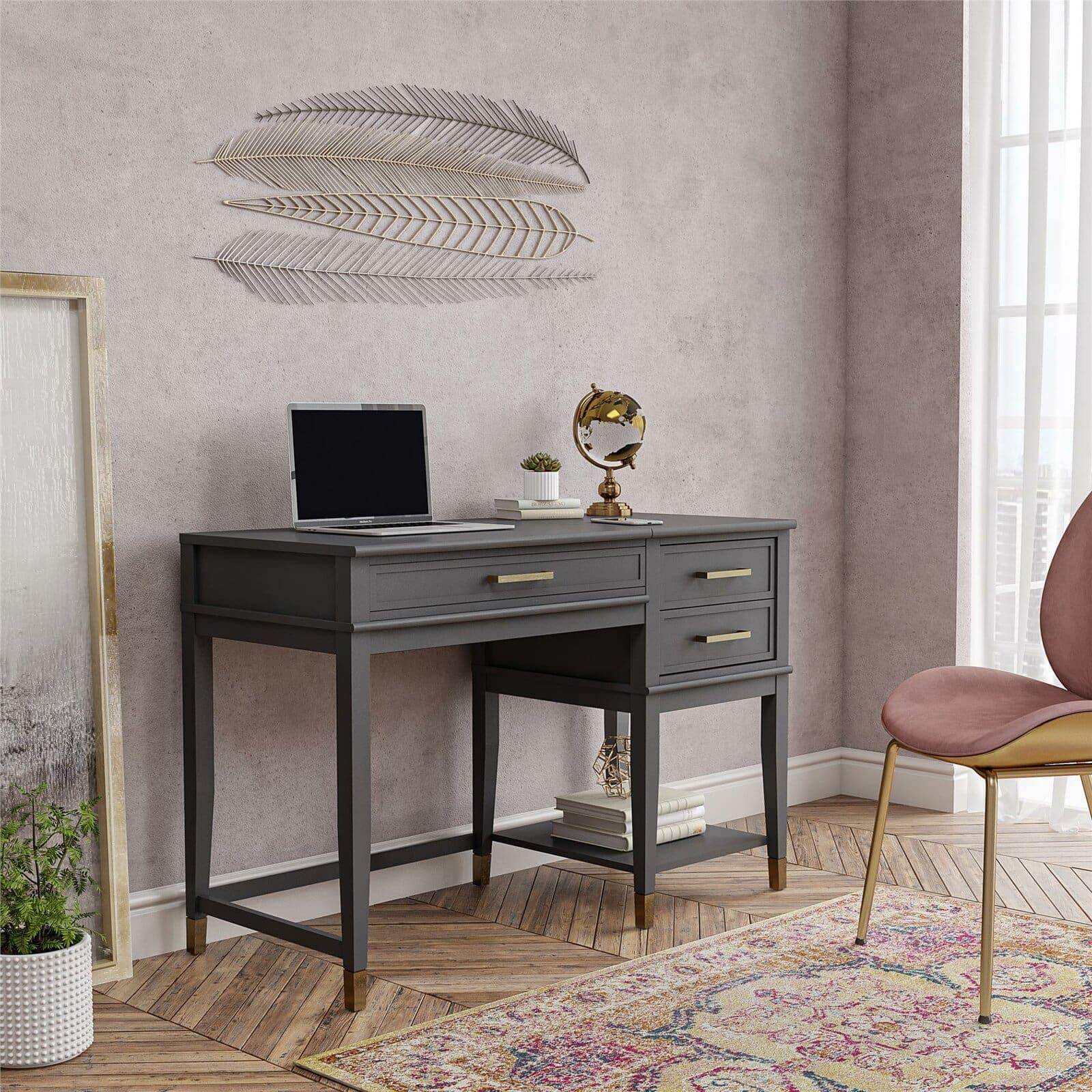 Gray blue desk from Wayfair for this office and bedroom combo space