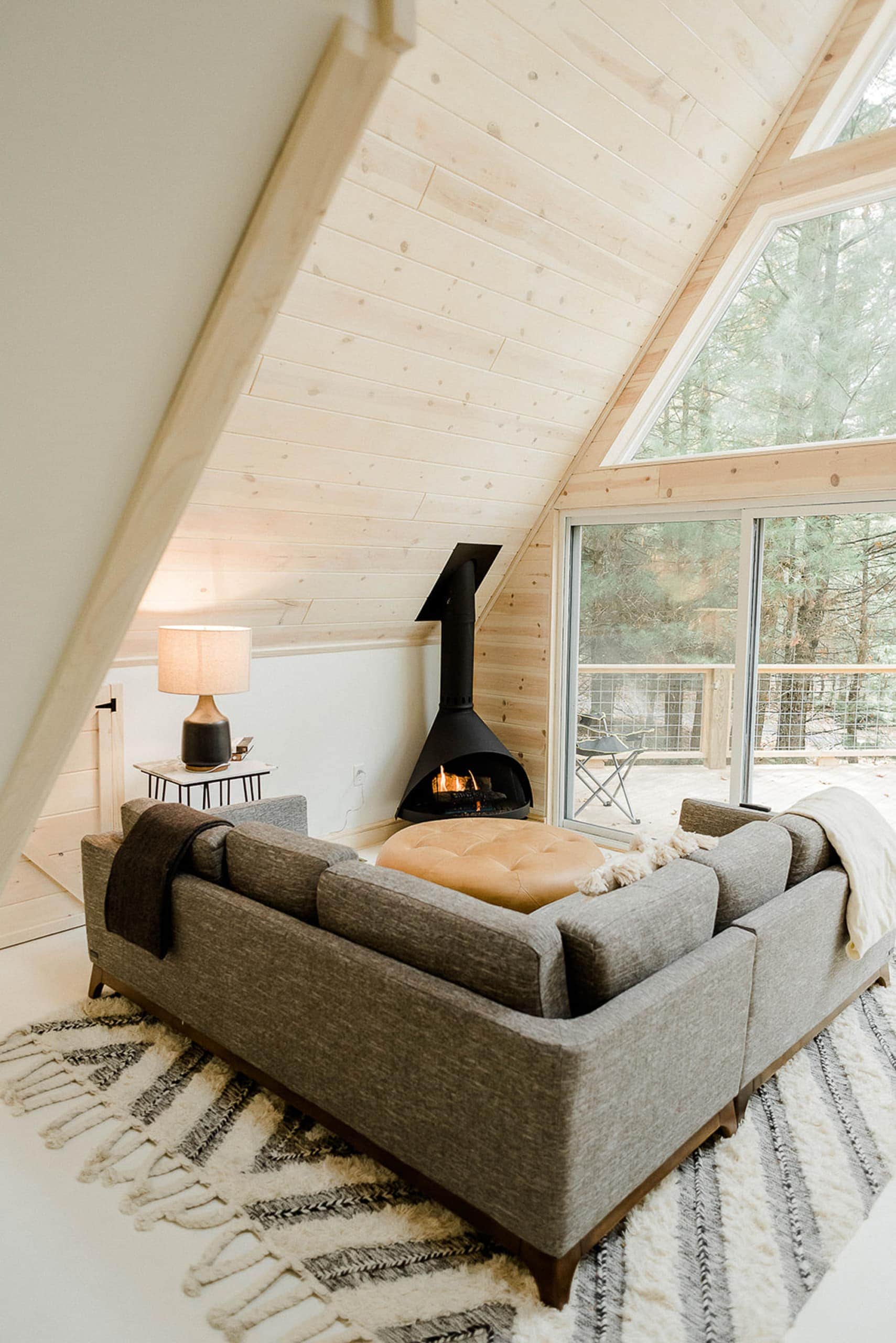 A cozy living room in a cabin