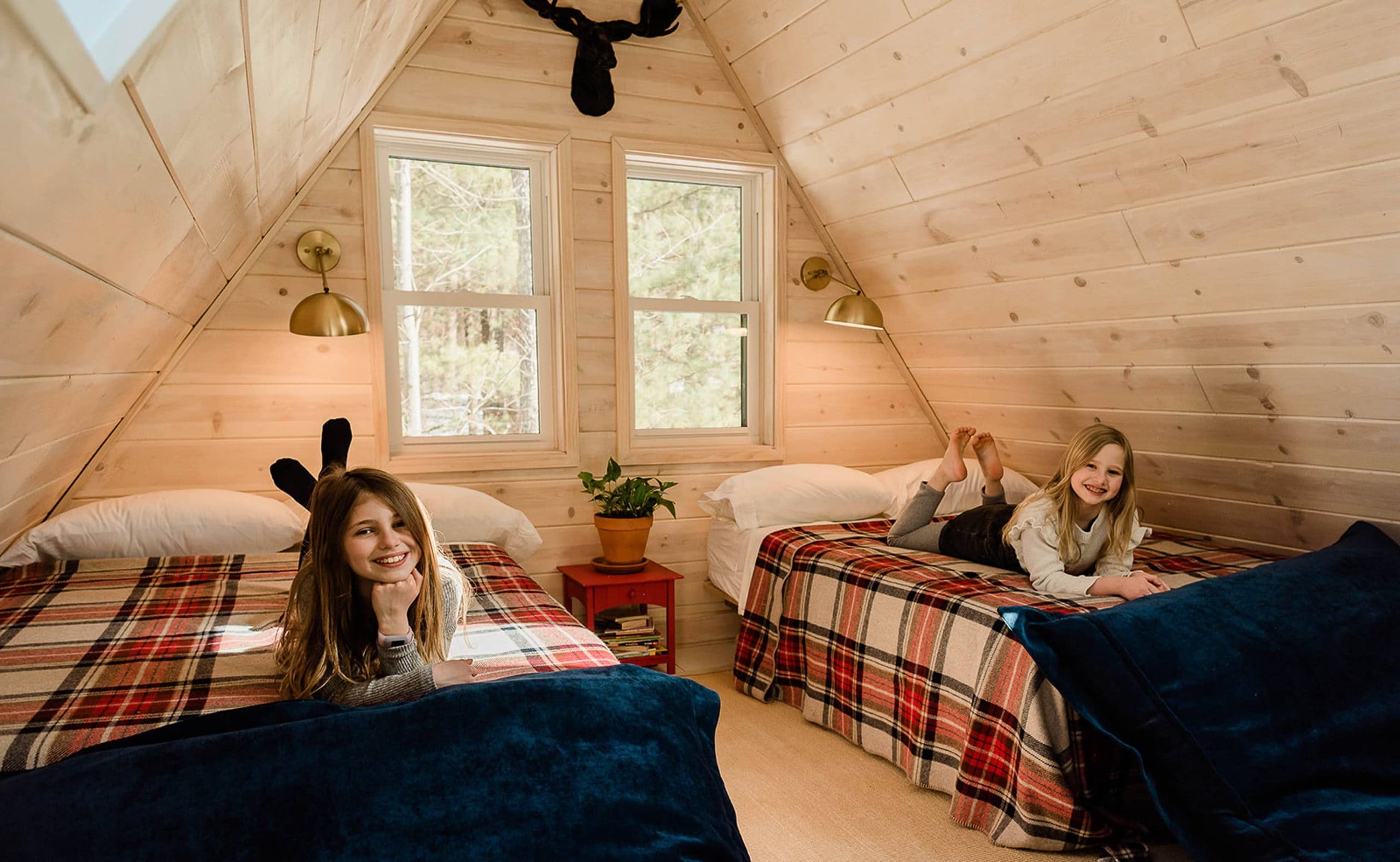 The loft space in this a-frame cabin