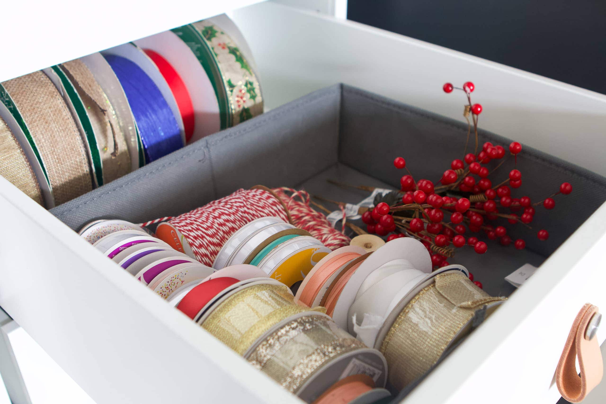 Gifting supplies and ribbons in a drawer