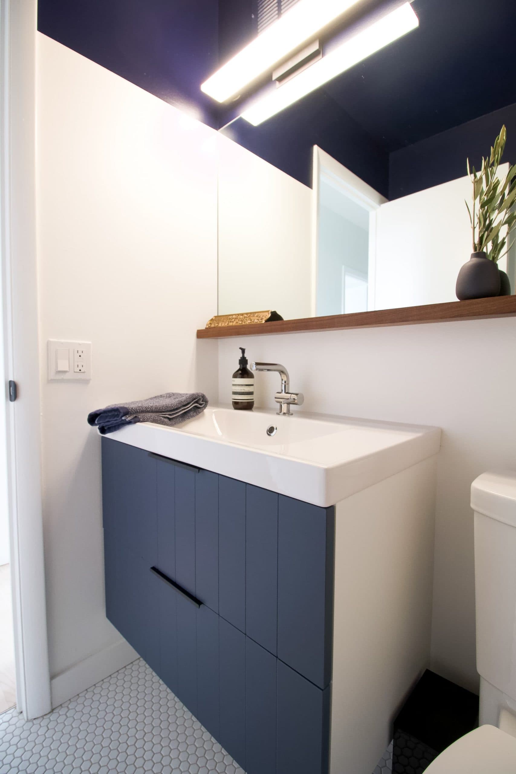 Floating vanity and wood mirror shelf