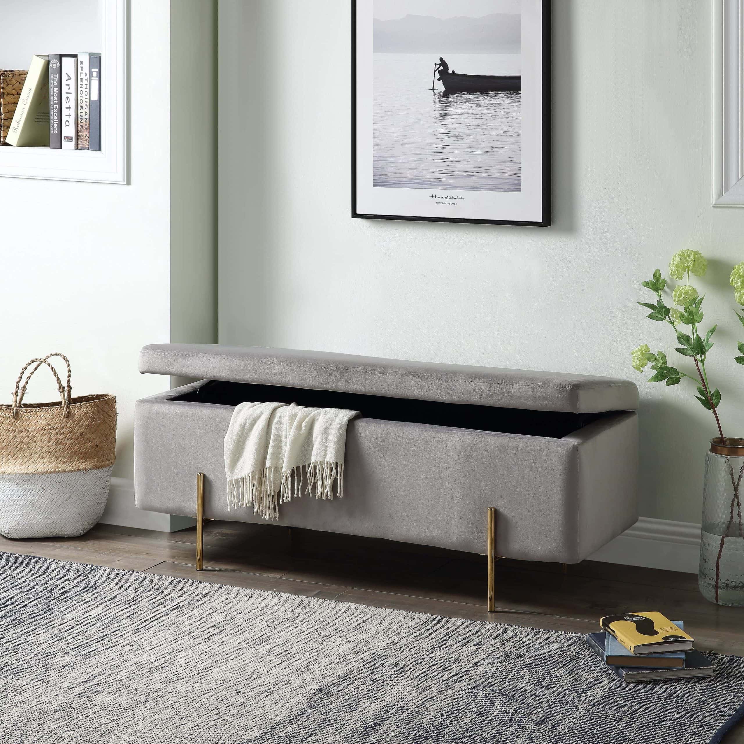 Upholstered bench for storage in an organized entryway