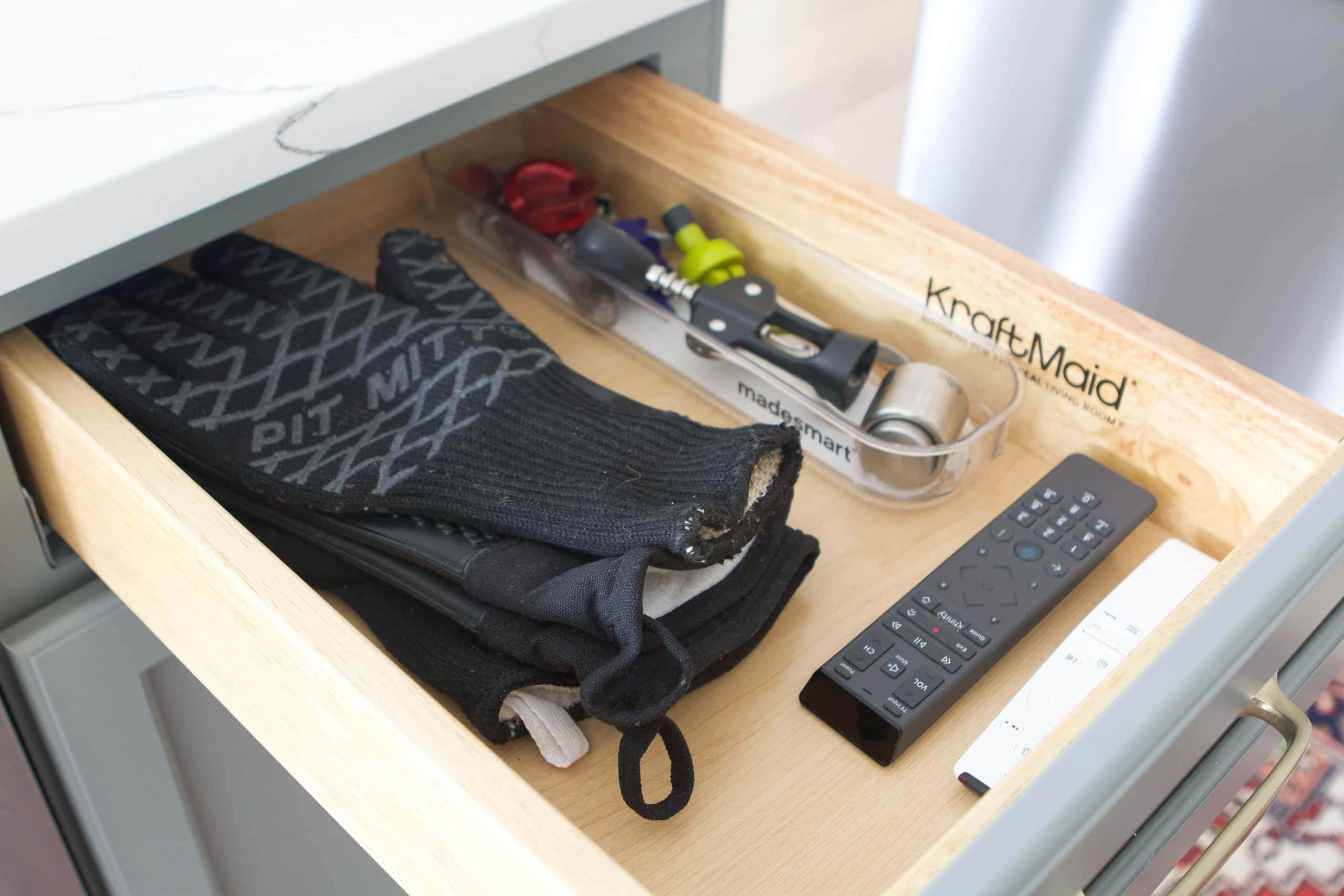 A small drawer in the kitchen island