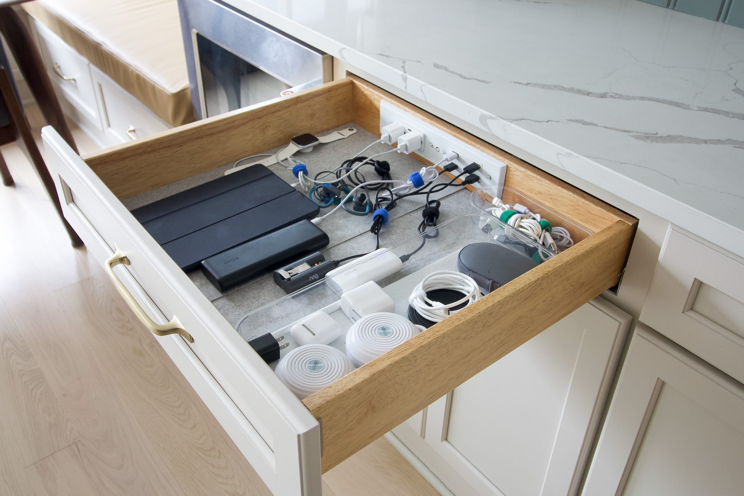 Our charging drawer in our kitchen bar area